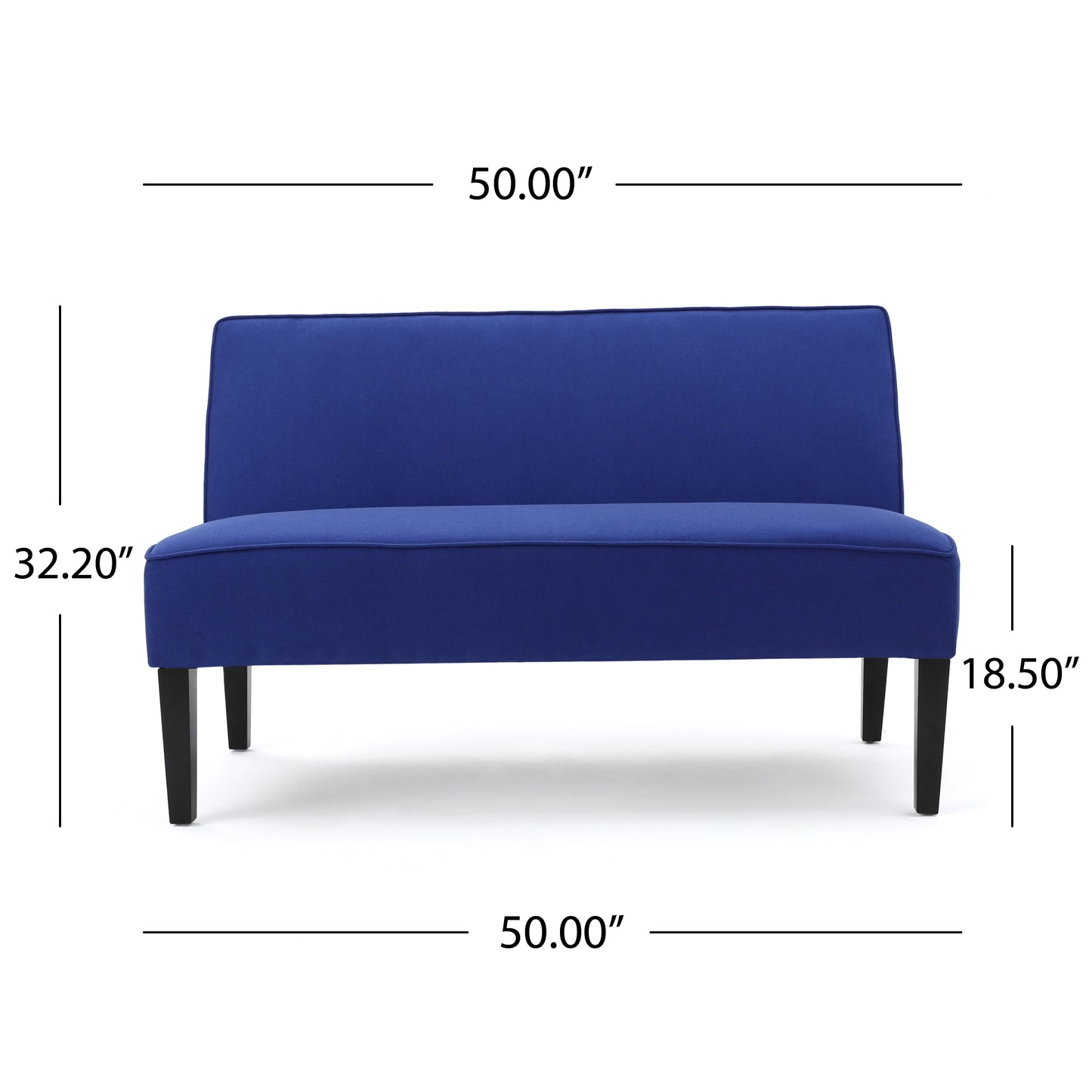 Navy blue upholstered loveseat with black tapered legs and a inch width