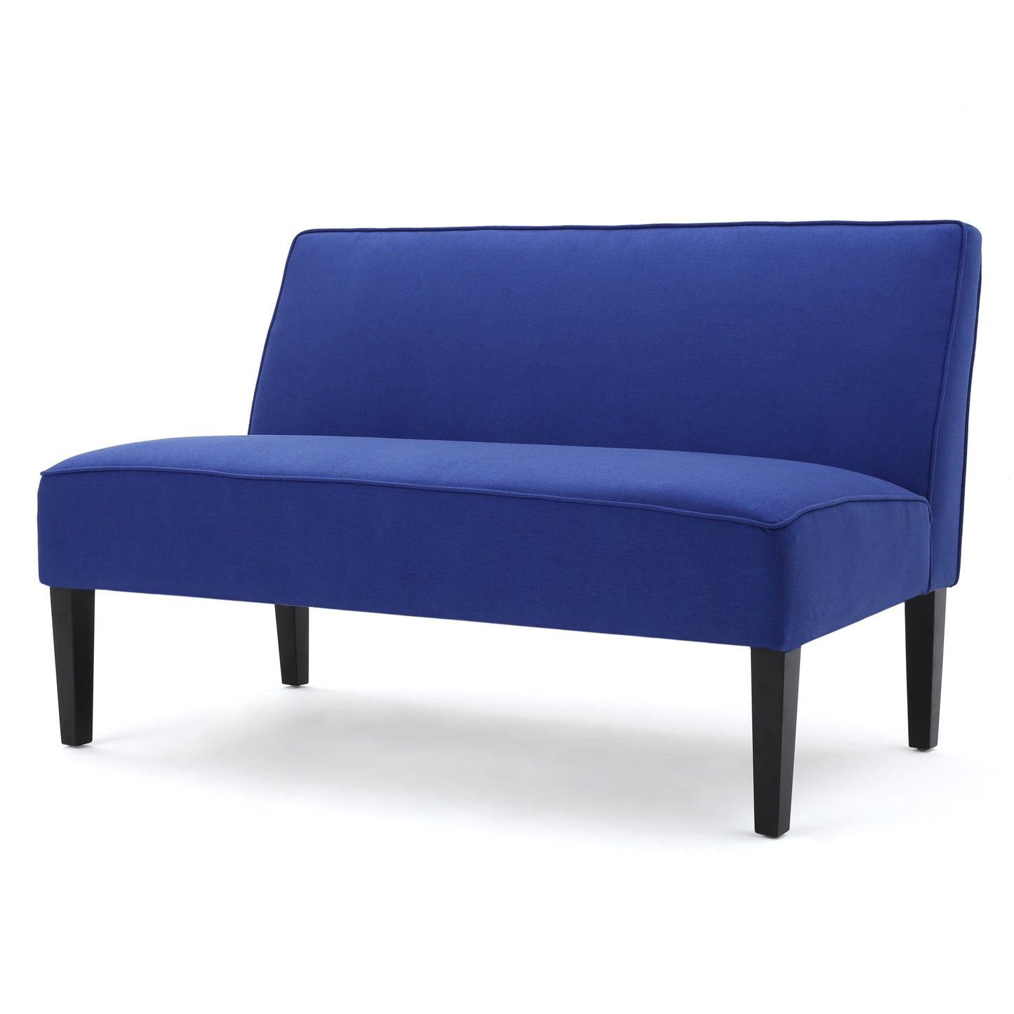 Blue fabric loveseat with tufted back and black tapered legs