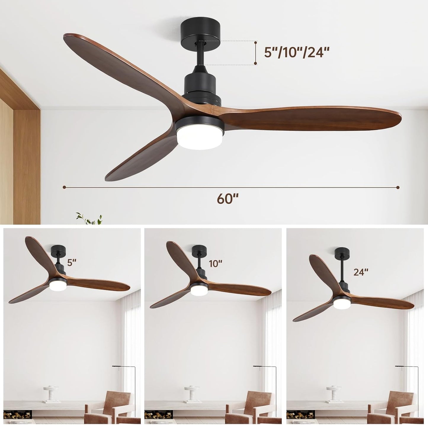 Modern inch black ceiling fan with walnut wood blades and integrated LED light