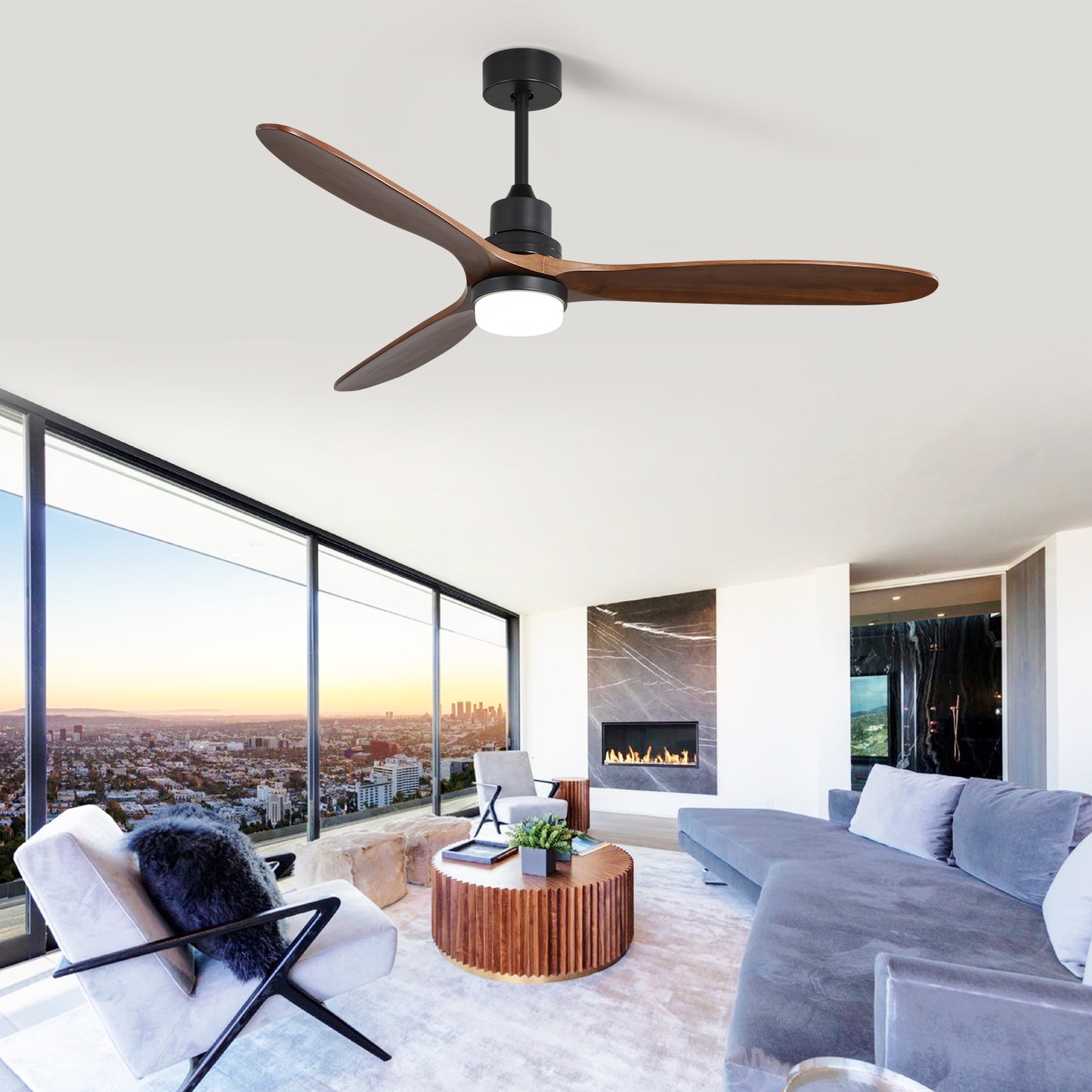 Modern black and walnut blade ceiling fan with integrated LED light