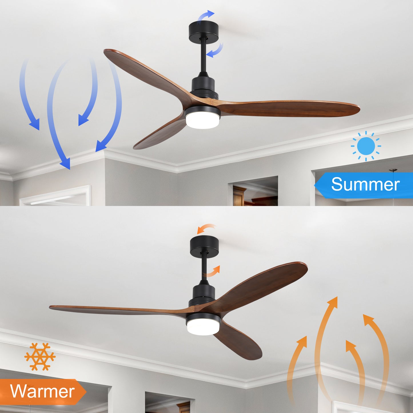 Black modern ceiling fan with three dark wood blades illuminating a room in summer