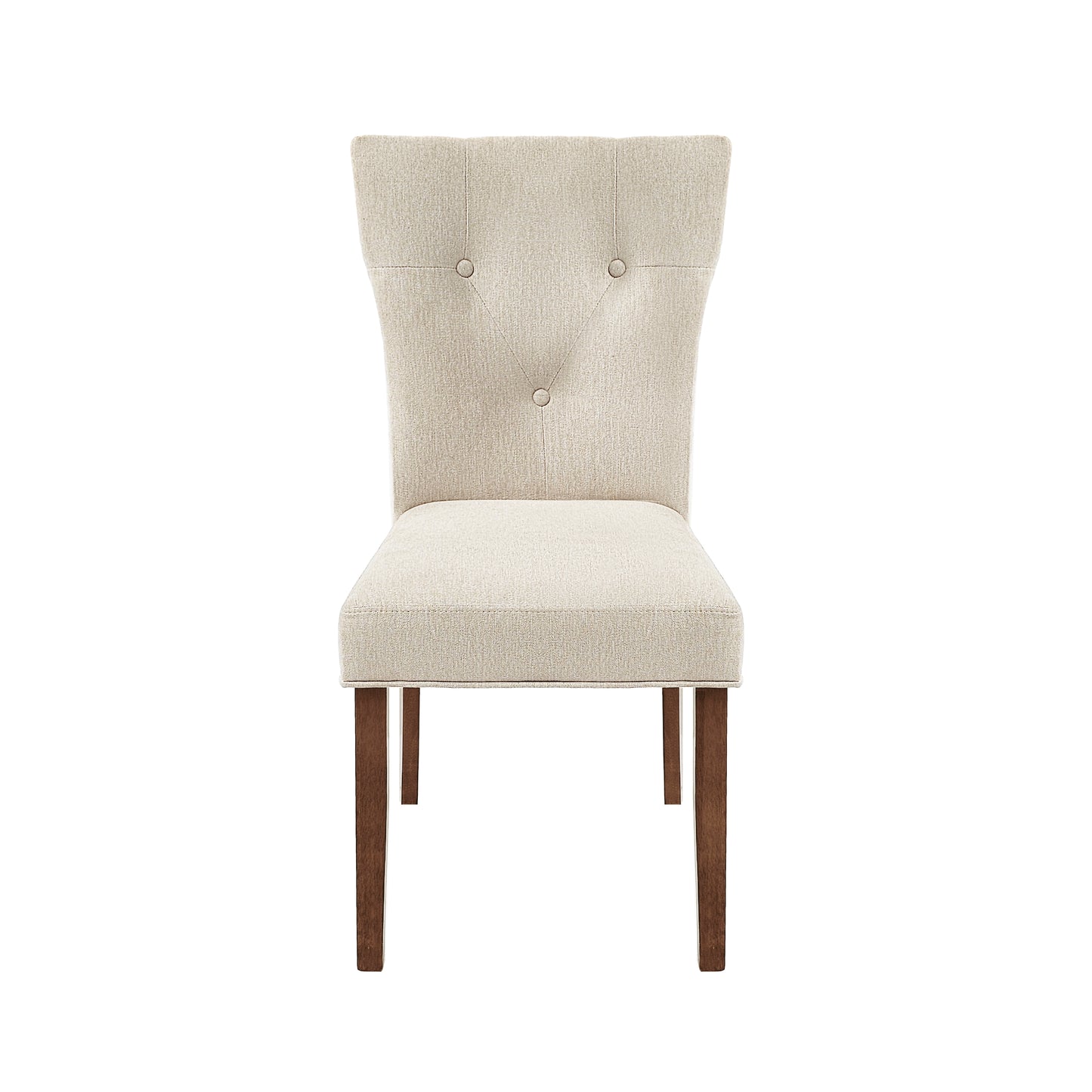 Tufted beige fabric dining chair with dark wooden legs