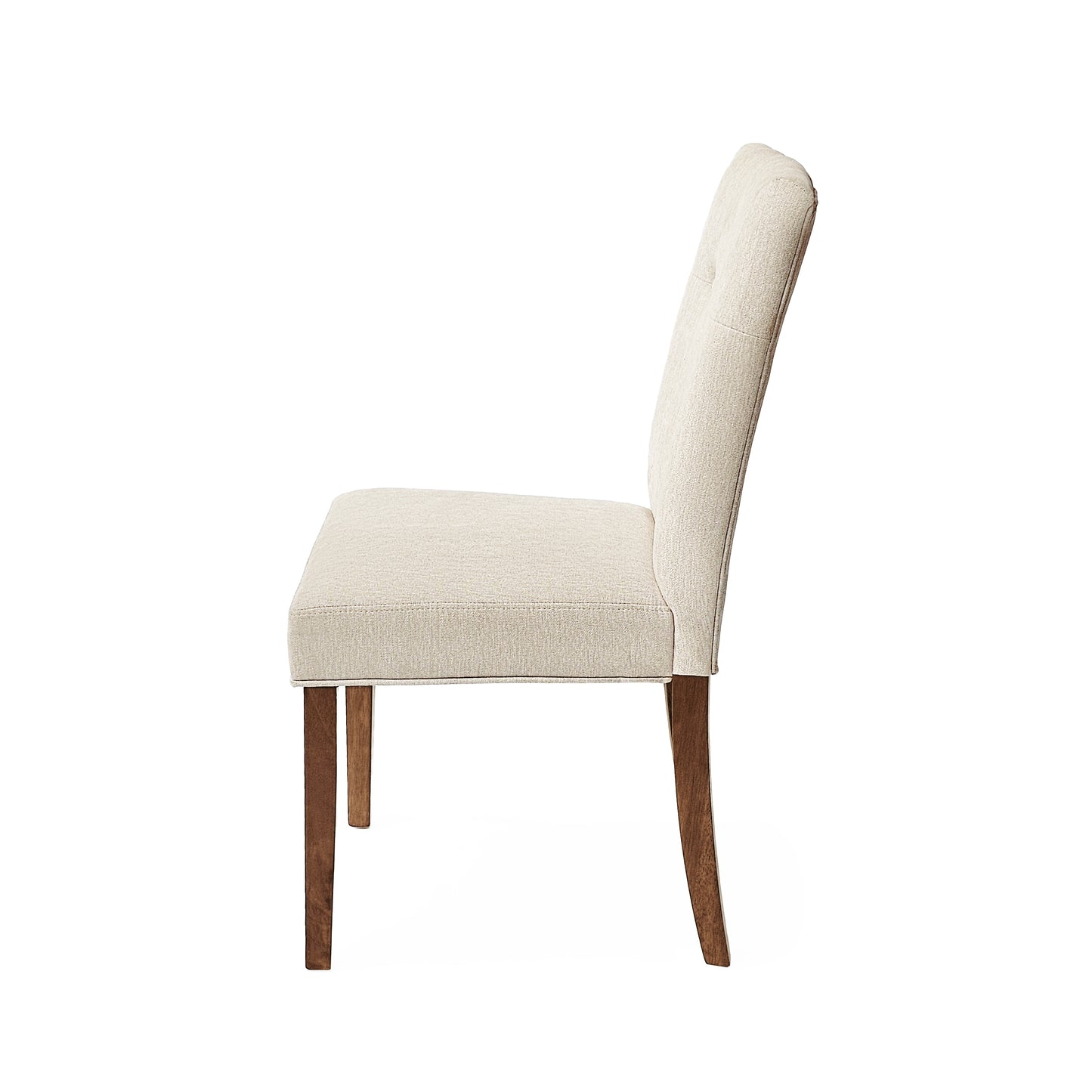 Beige upholstered dining chair with tufted back and wooden legs