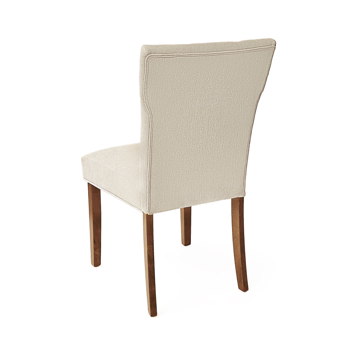 Beige upholstered dining chair with elegant stitched detailing and dark wood legs