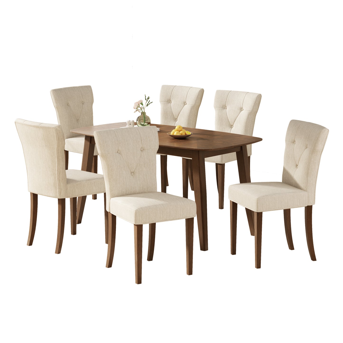 Tufted beige fabric dining chairs with dark wood legs around a rectangular wooden dining table
