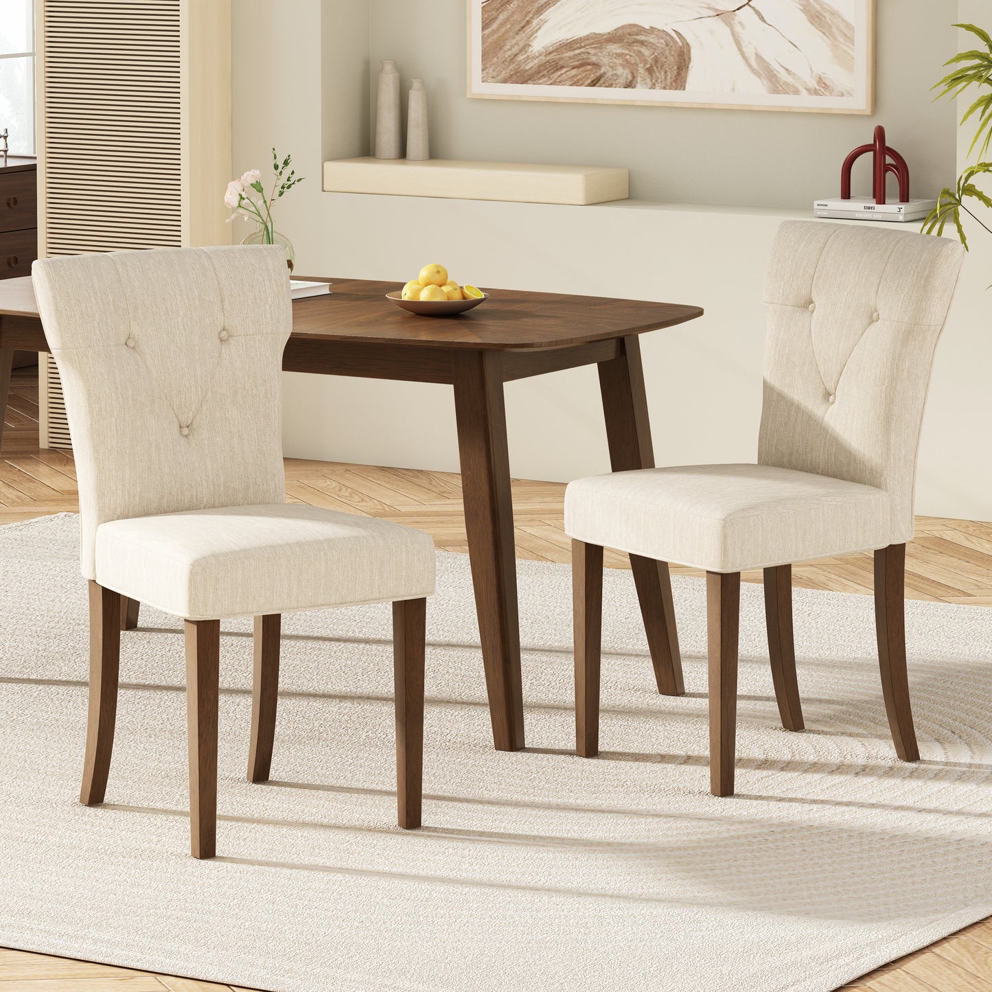 Tufted cream fabric dining chair with dark wood legs ideal for a modern dining room