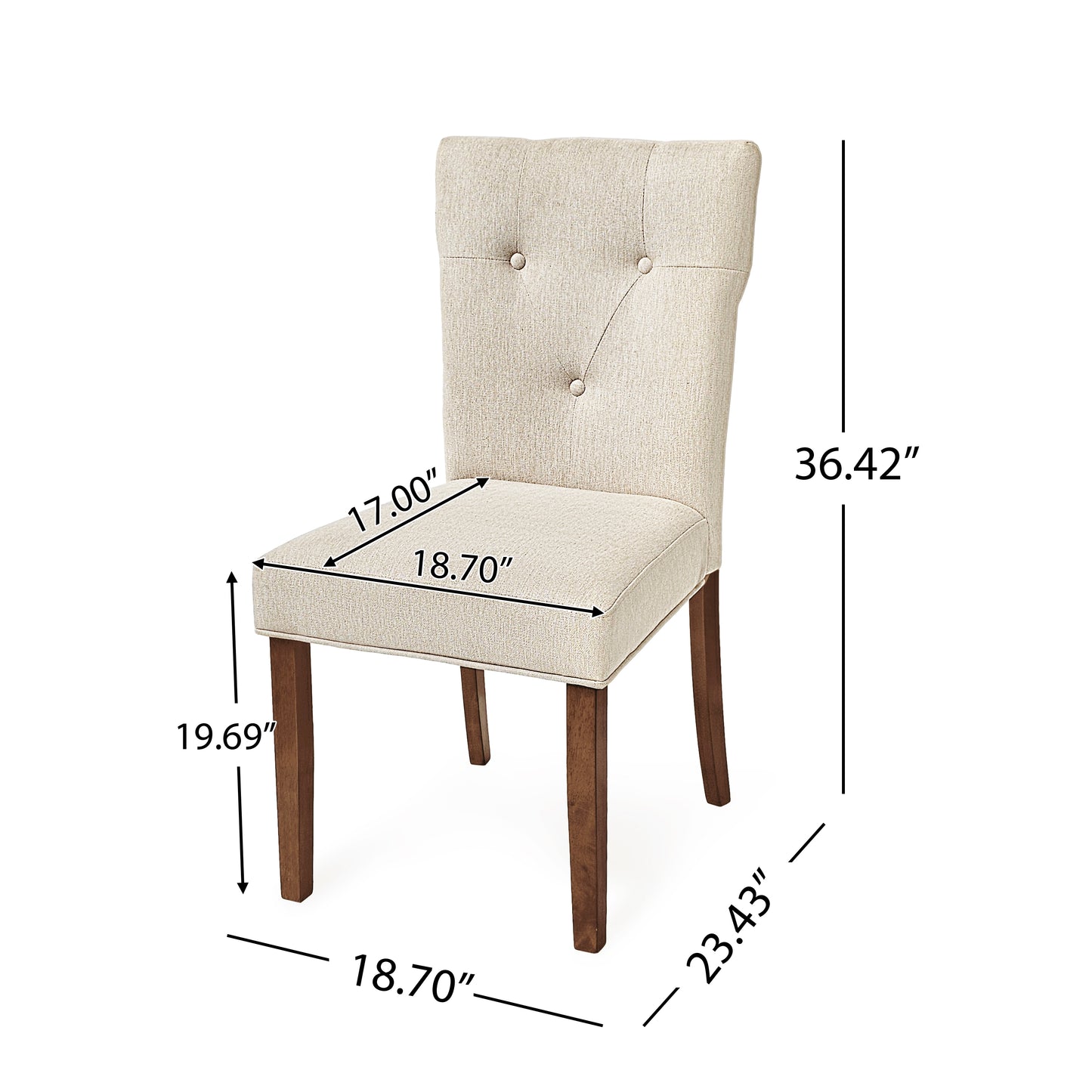 Tufted cream fabric dining chair with dark wood legs seat width