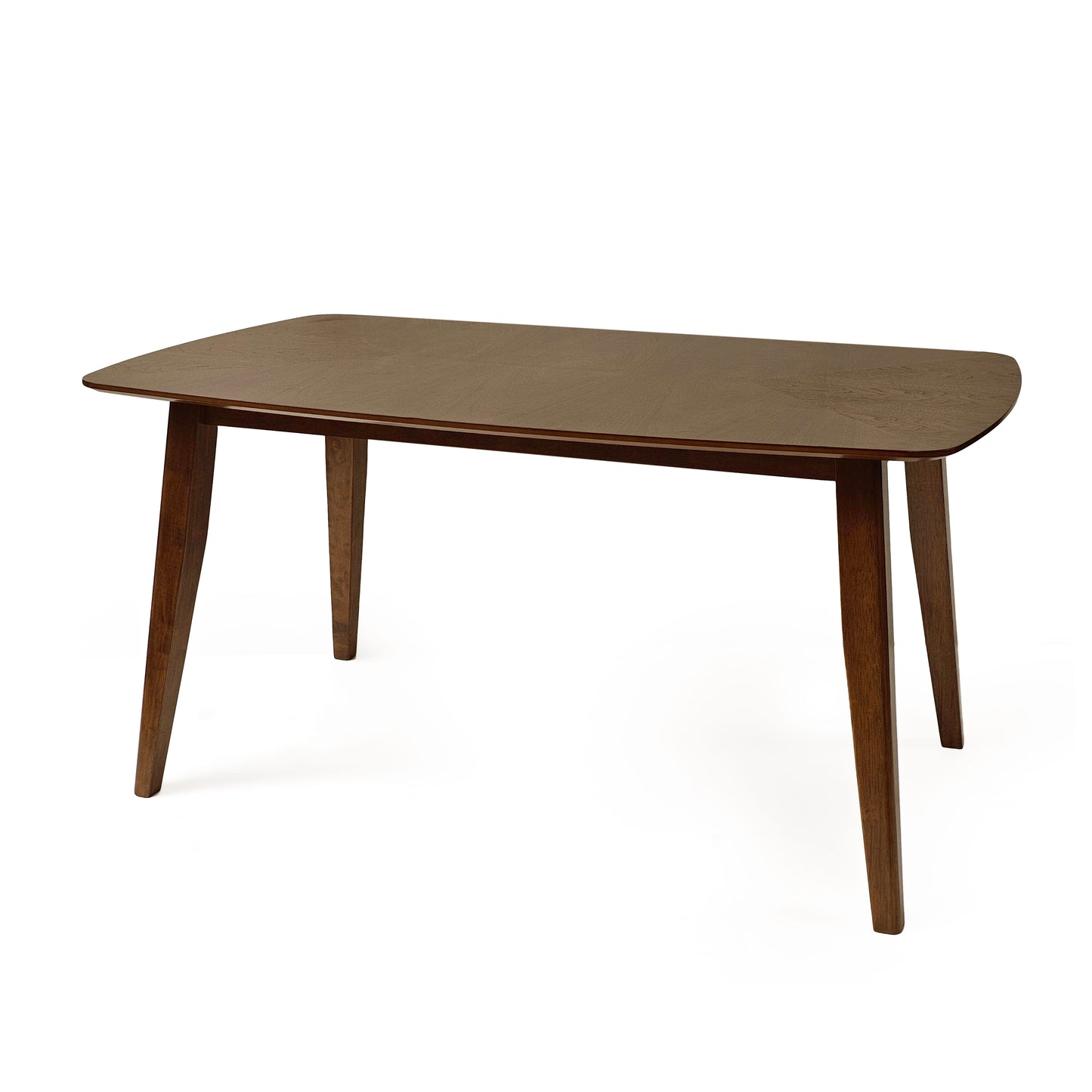 Dark wood dining table with rounded corners and tapered legs