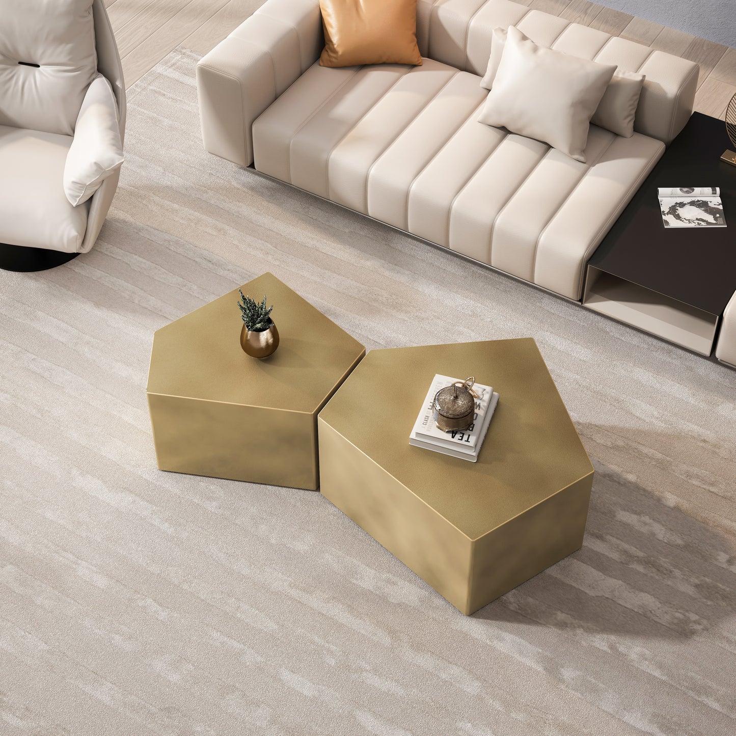 Modern beige sectional sofa with plush throw pillows and a warm accent pillow