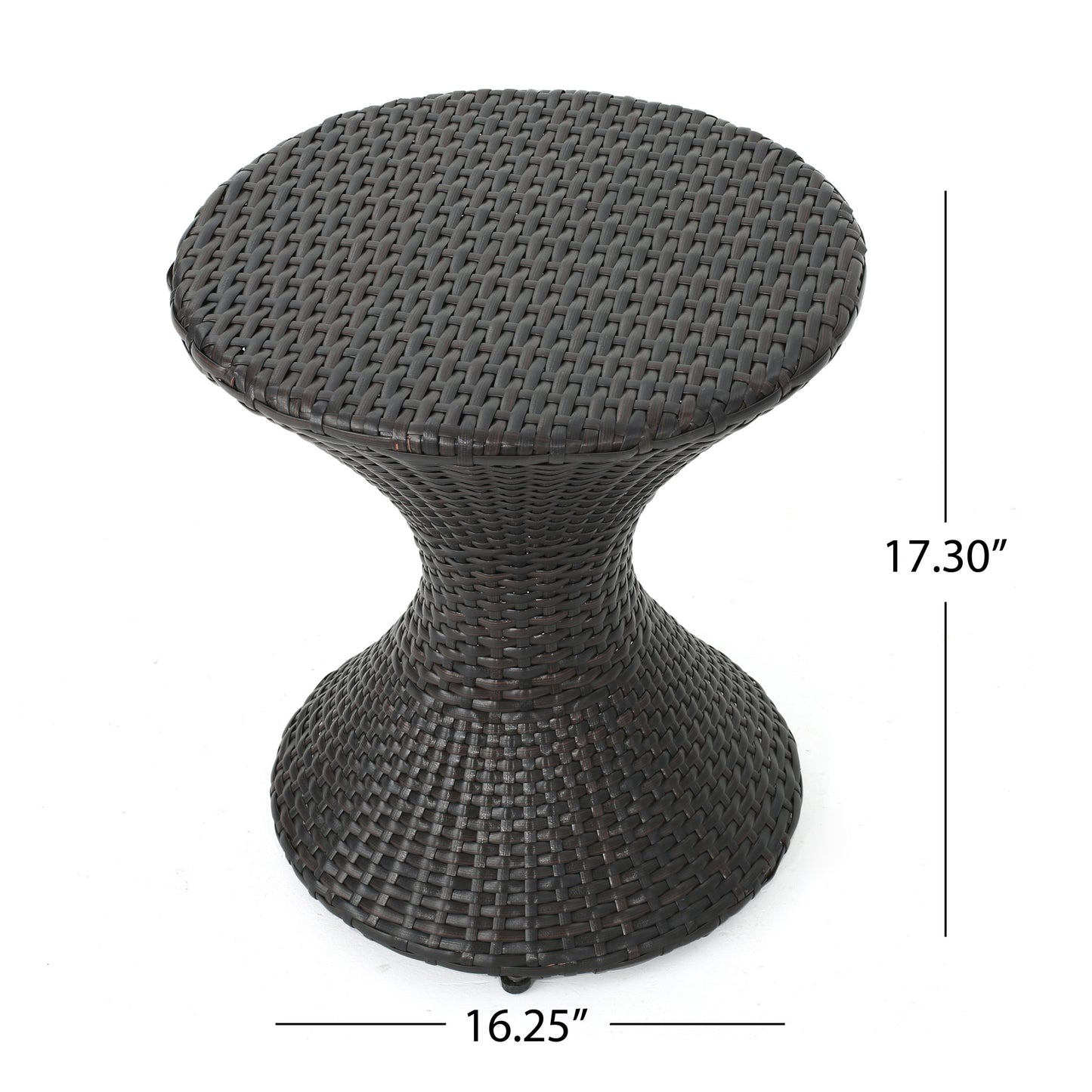 Dark brown wicker hourglass side table with woven texture and white background