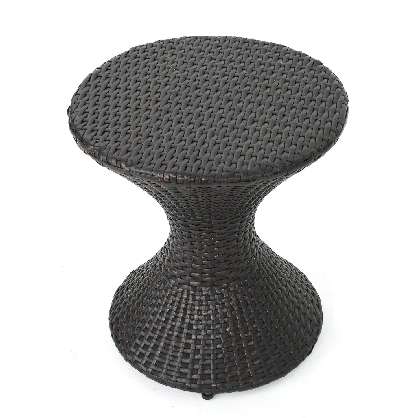 Dark brown wicker outdoor side table with hourglass base