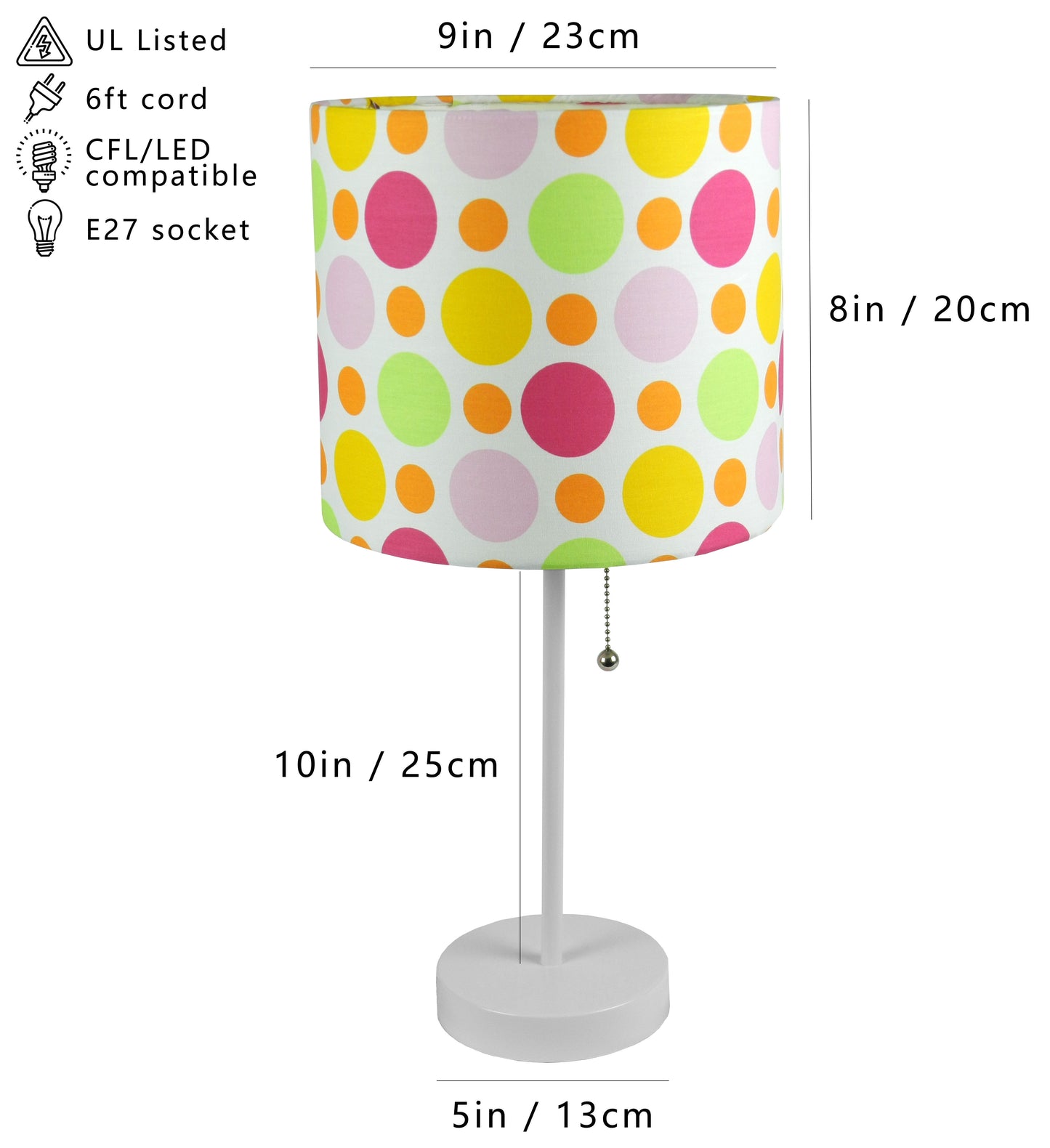 White desk lamp with colorful polka dot lampshade and chrome pull chain