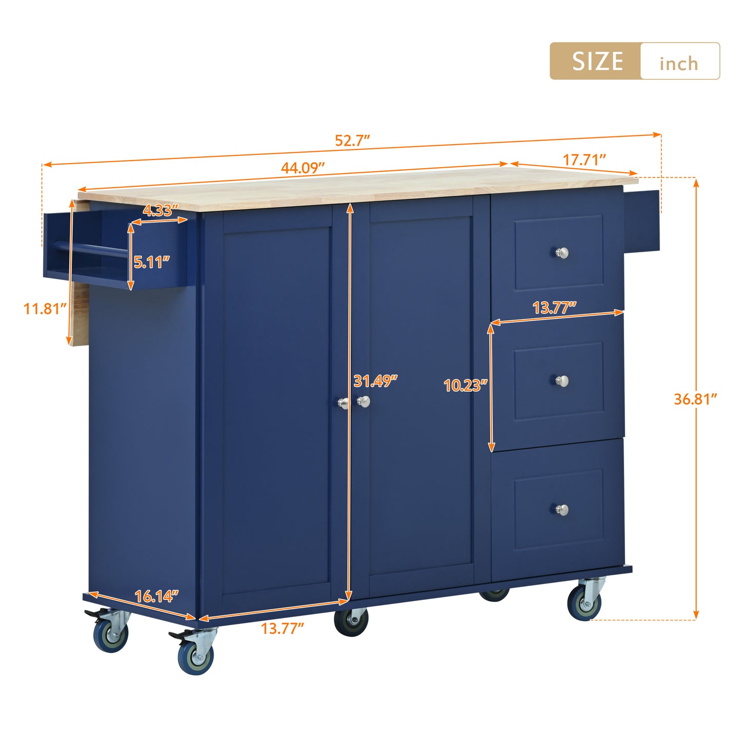 Navy blue kitchen island with butcher block top and chrome knobs