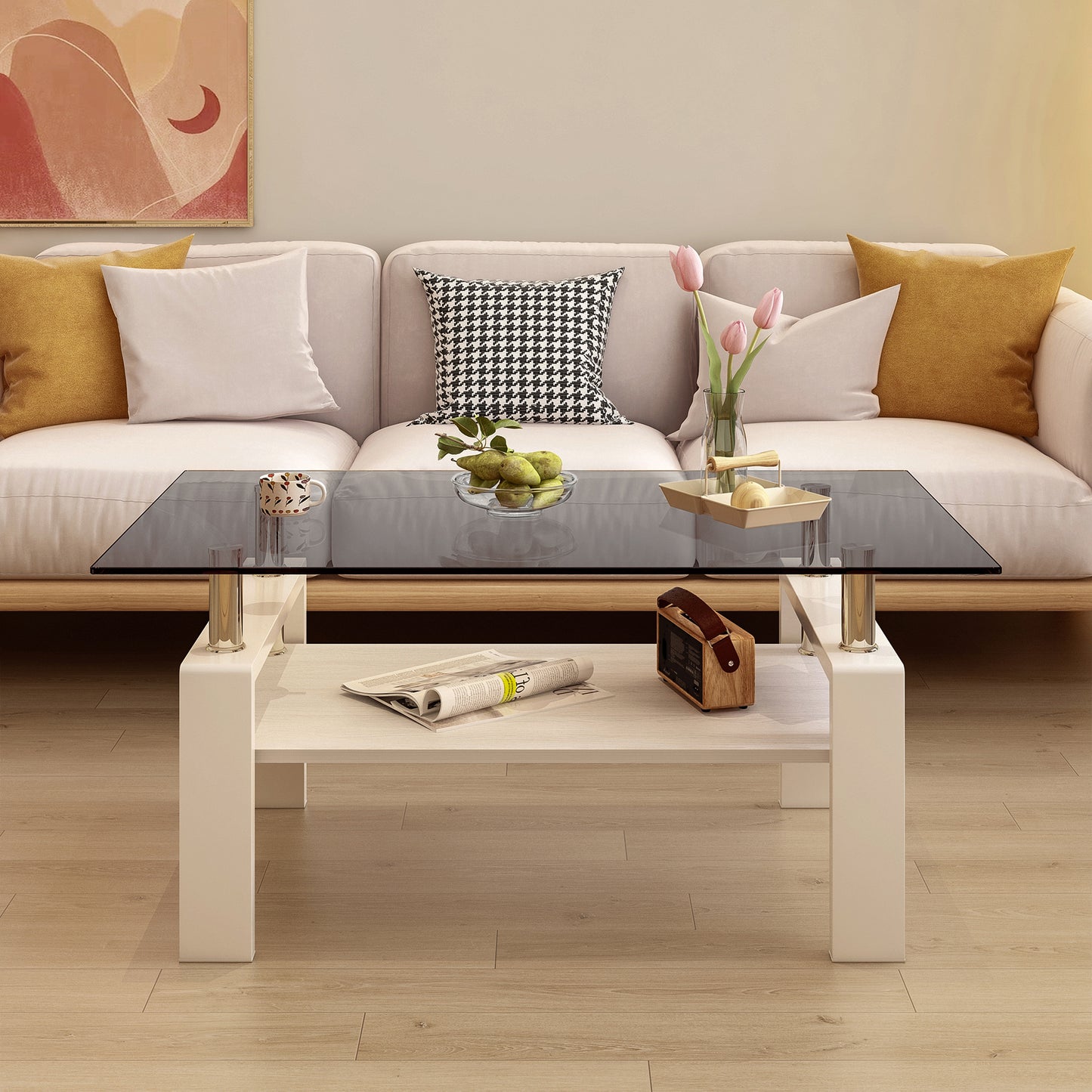 Modern glass coffee table with a smoky grey top and white base