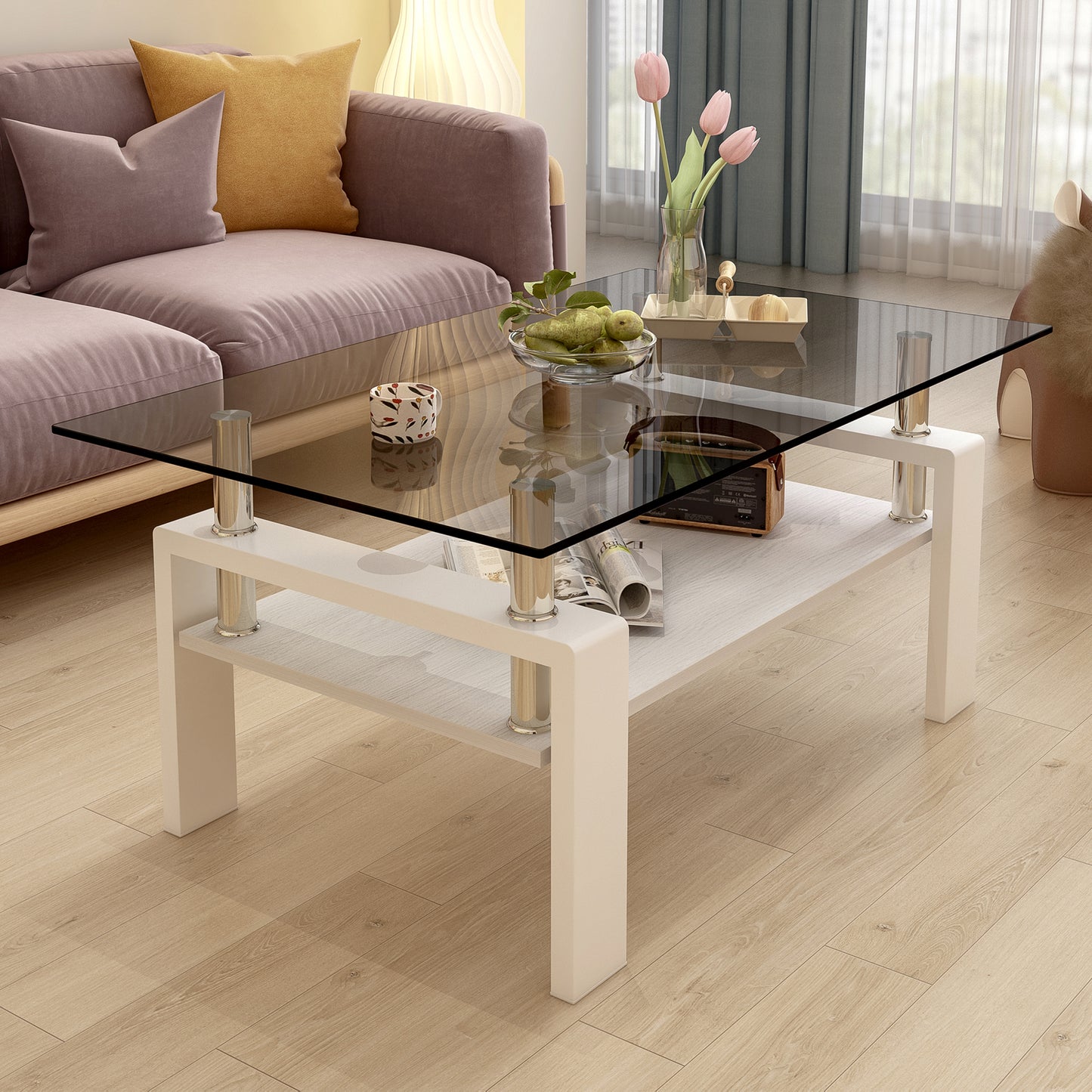 Modern white coffee table with tempered glass top and lower shelf