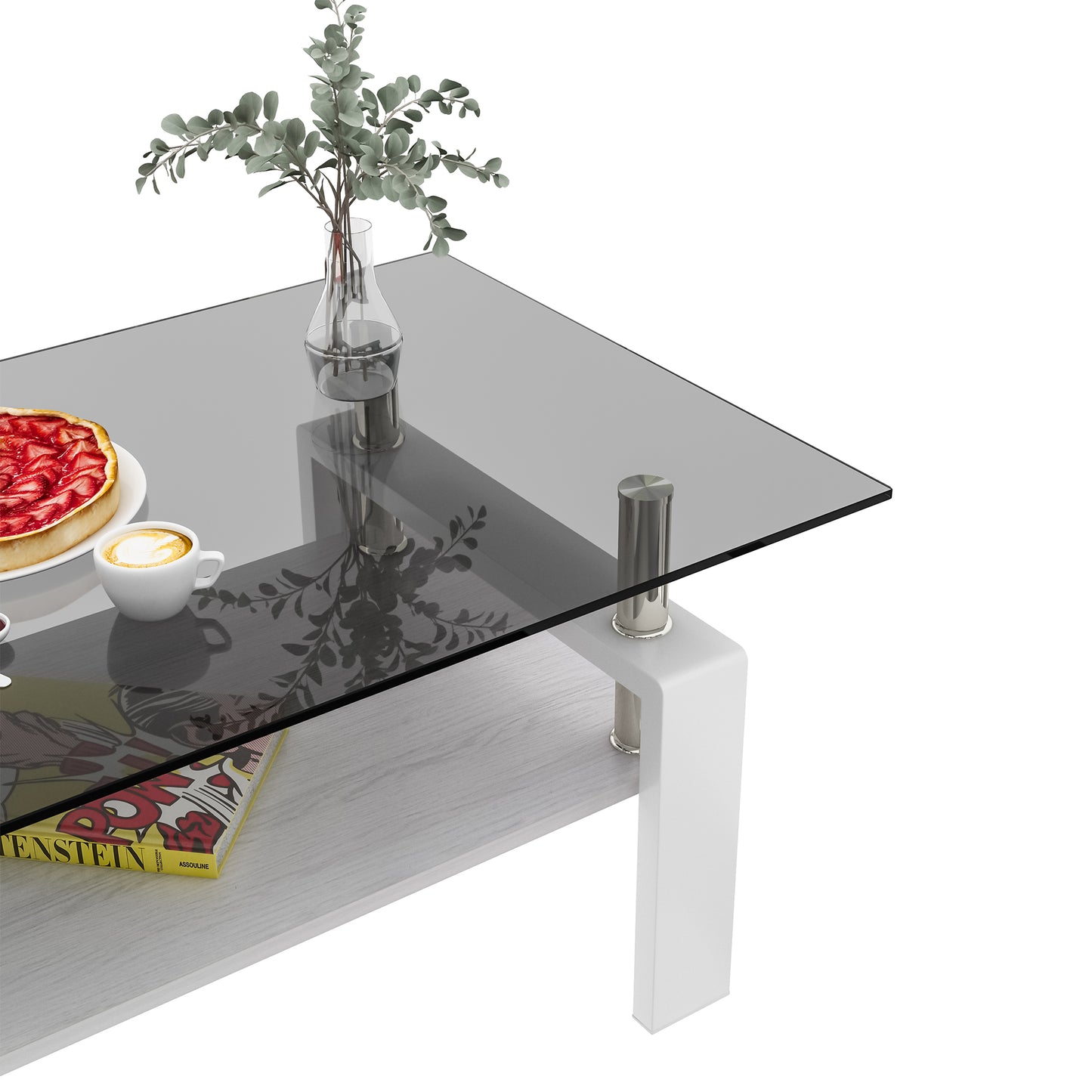 Modern white and grey coffee table with glass top and ample storage