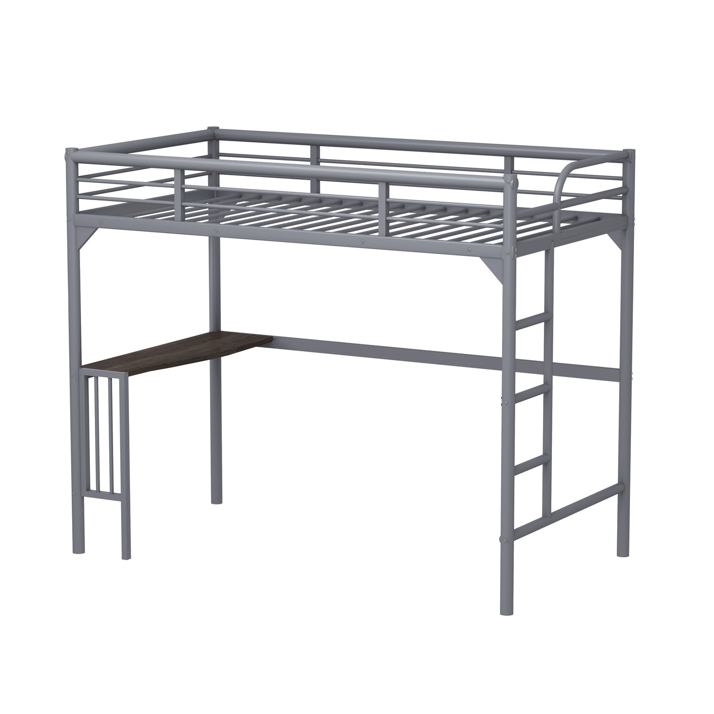 Gray metal loft bed with integrated desk and ladder