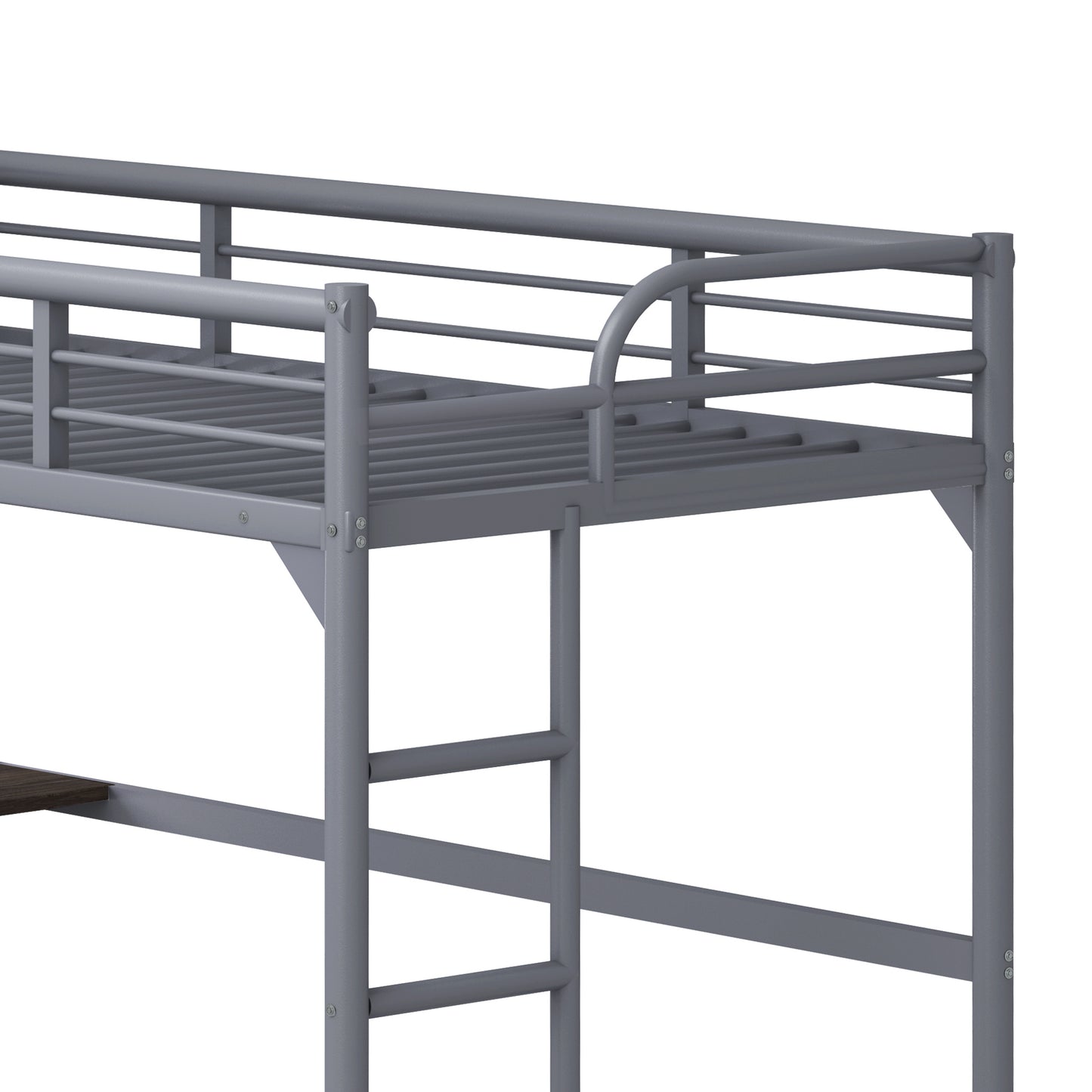 Gray metal loft bed frame with integrated ladder and guardrails