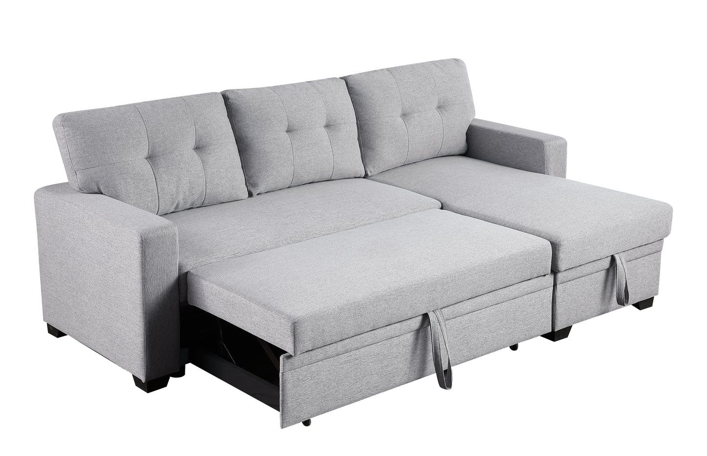 Light grey fabric sectional sofa with pullout bed and storage modern design