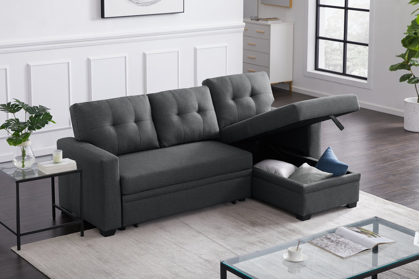 Dark gray tufted sectional sofa with hidden storage perfect for modern living rooms