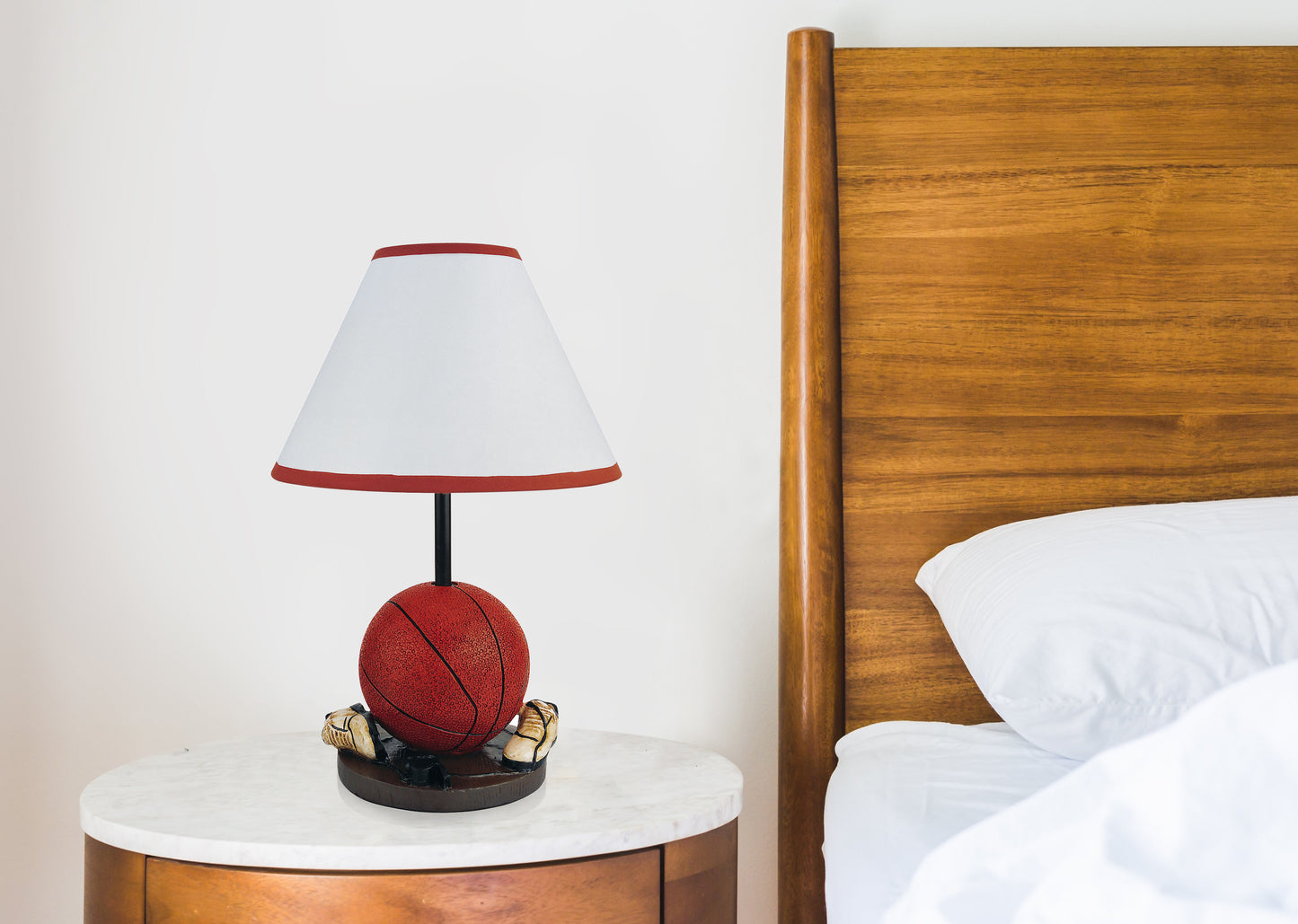 Red basketball themed desk lamp with white shade and red trim