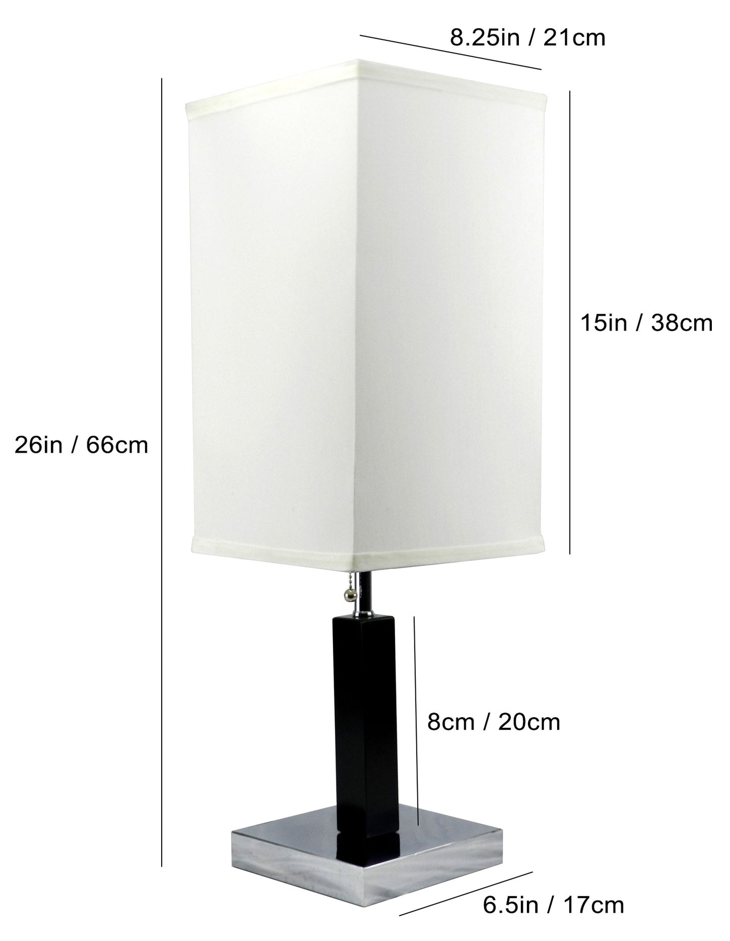 Modern black and chrome table lamp with rectangular white shade inches tall