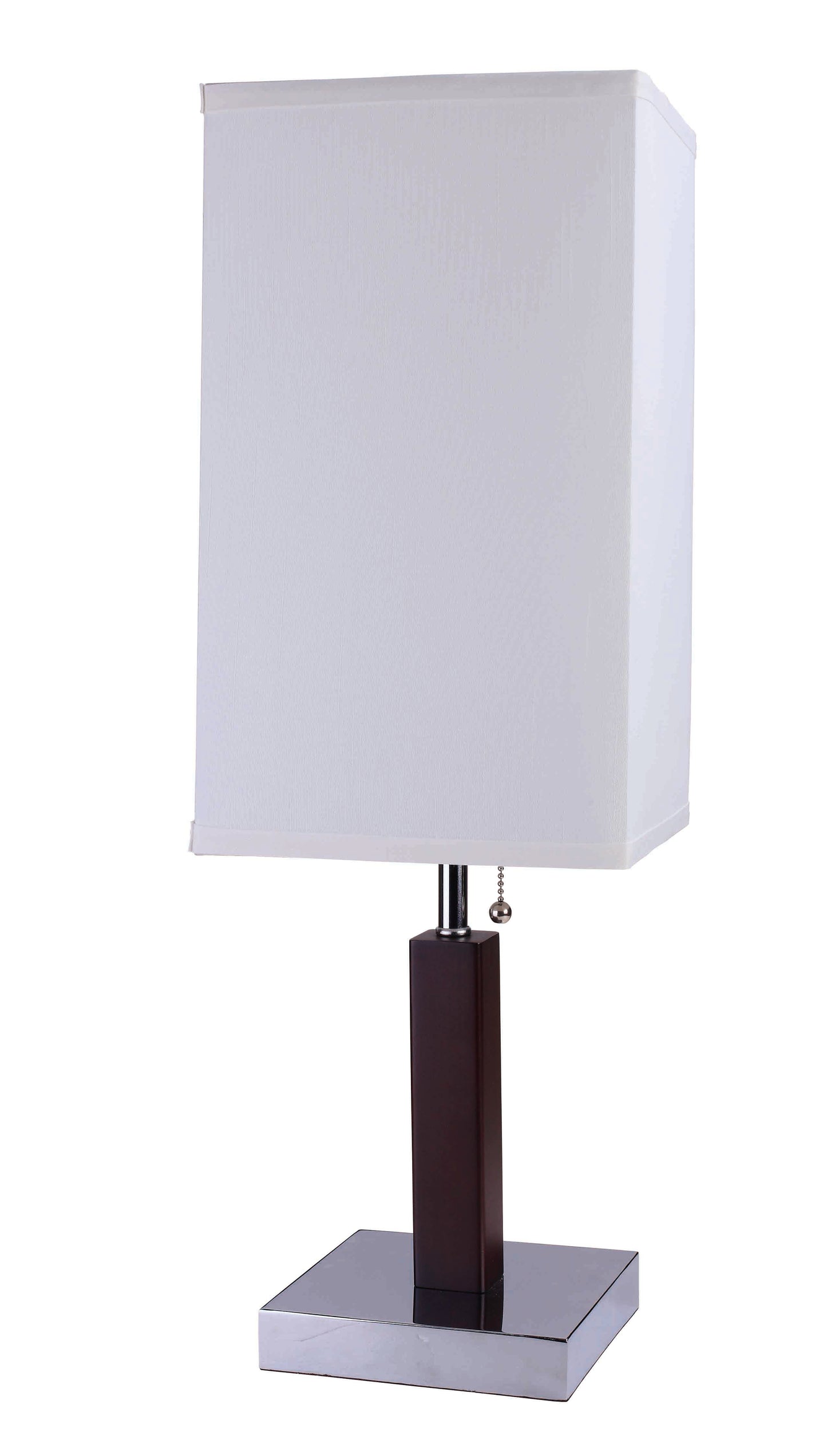 Modern table lamp with a white rectangular shade dark wood stem and polished chrome base