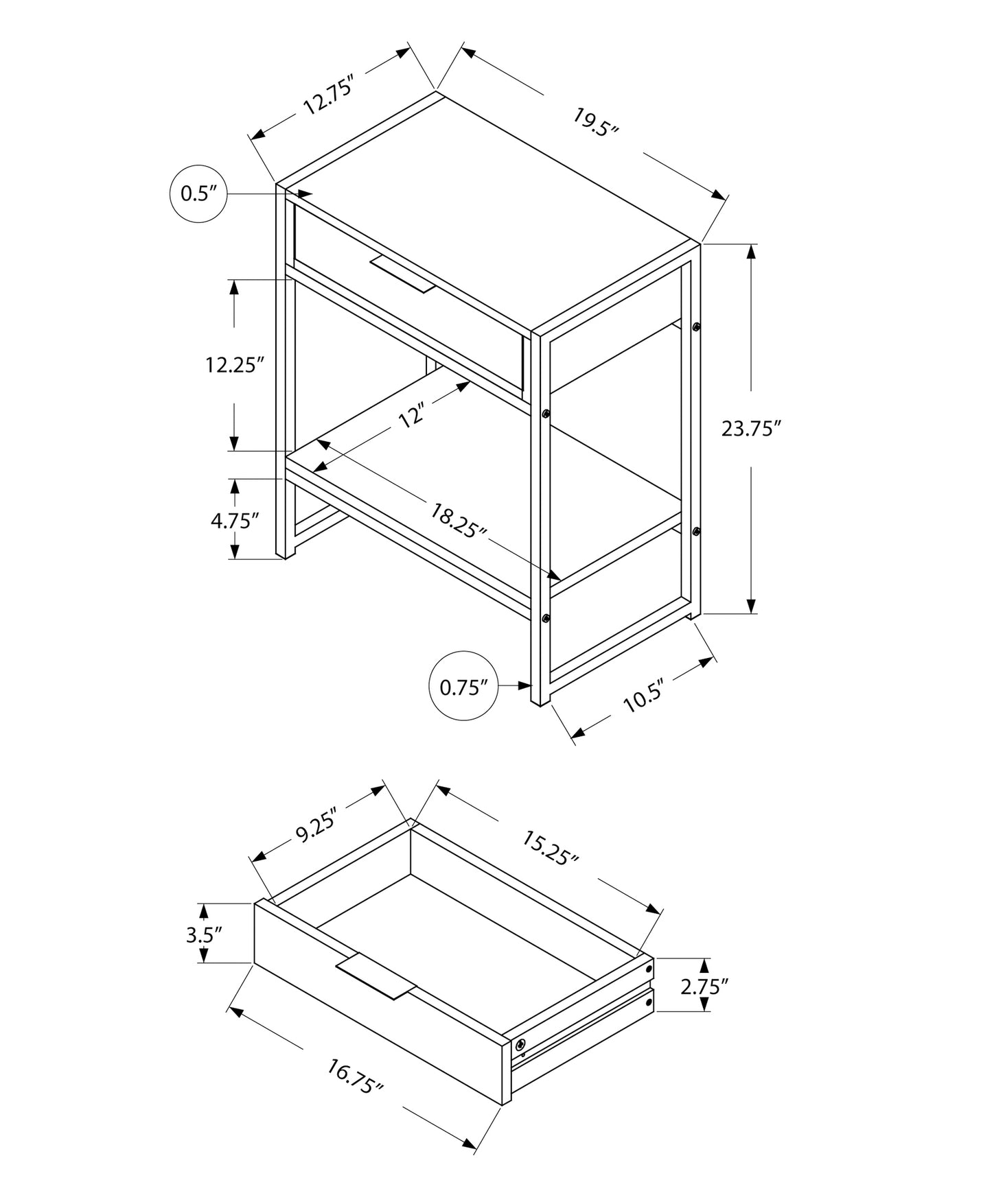 Technical drawing of a modern nightstand with dimensions Primary keyword nightstand