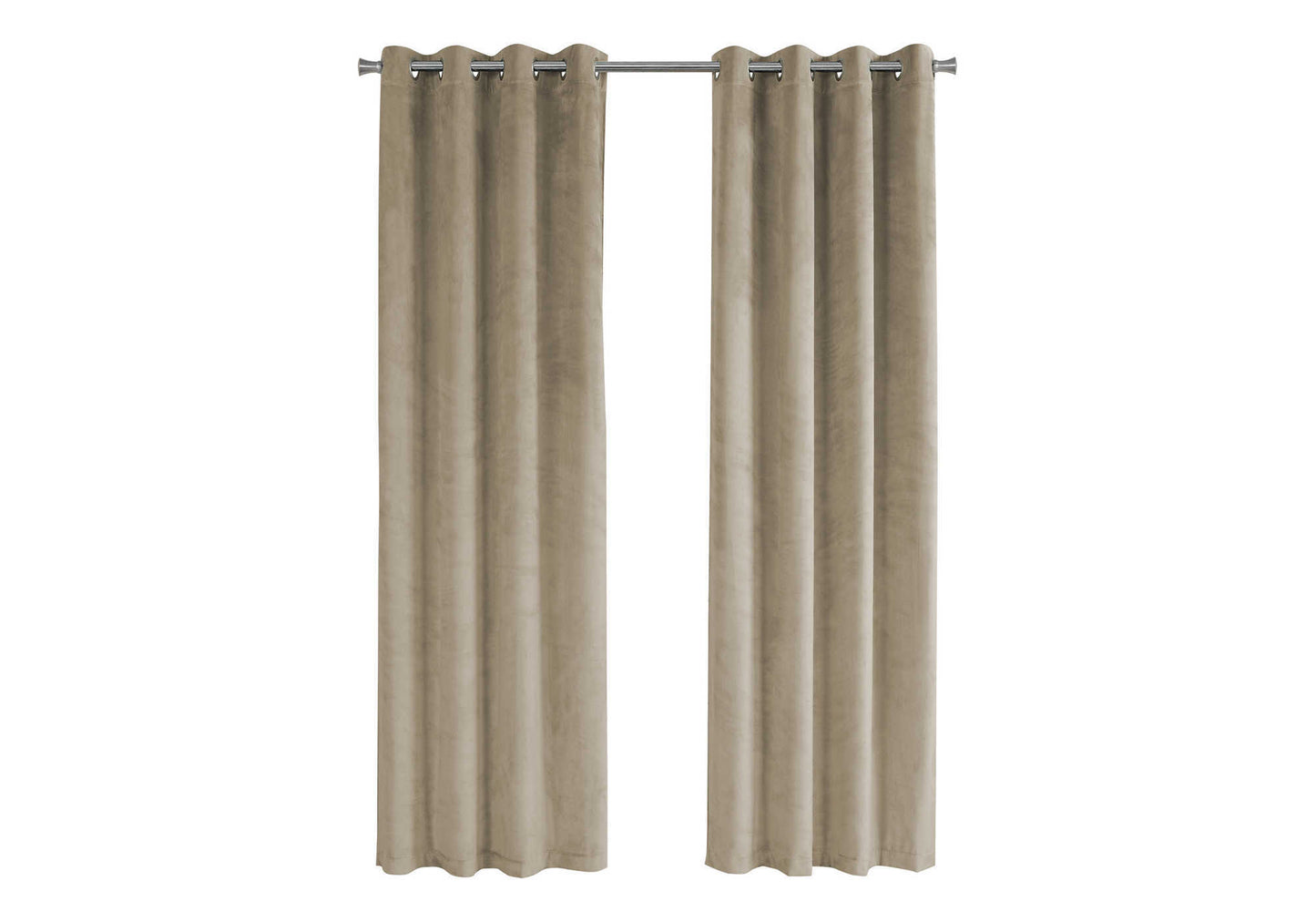 Two taupe velvet grommet curtains hanging on a silver curtain rod for home decor