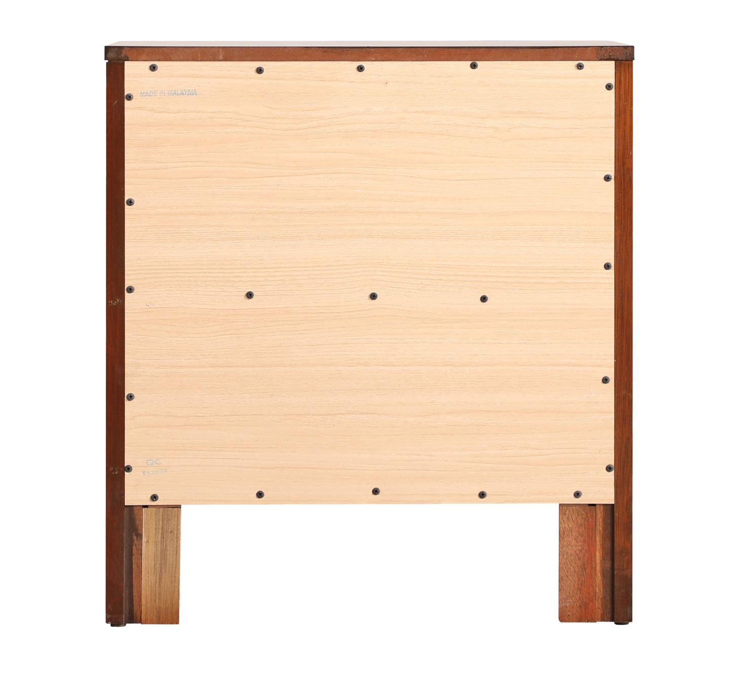 Back panel of a brown wood bedside table with visible screws and light wood grain