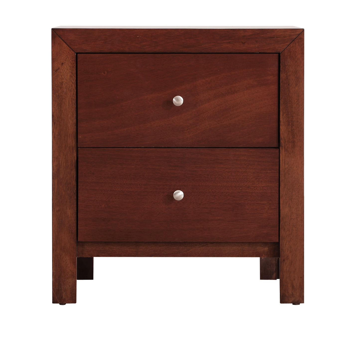 Dark wood twodrawer nightstand with silver knob hardware and a clean modern design