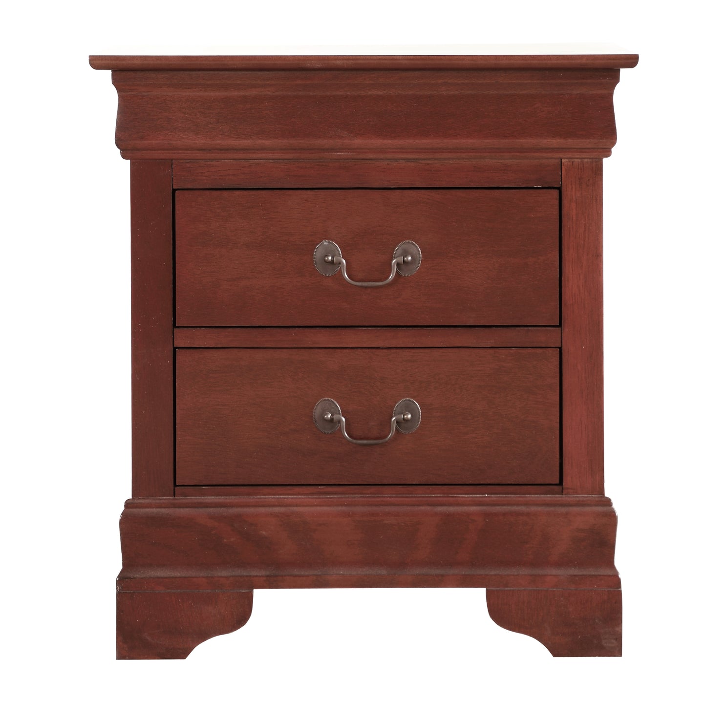 Dark cherry wood nightstand with two drawers and antique brass pulls classic design