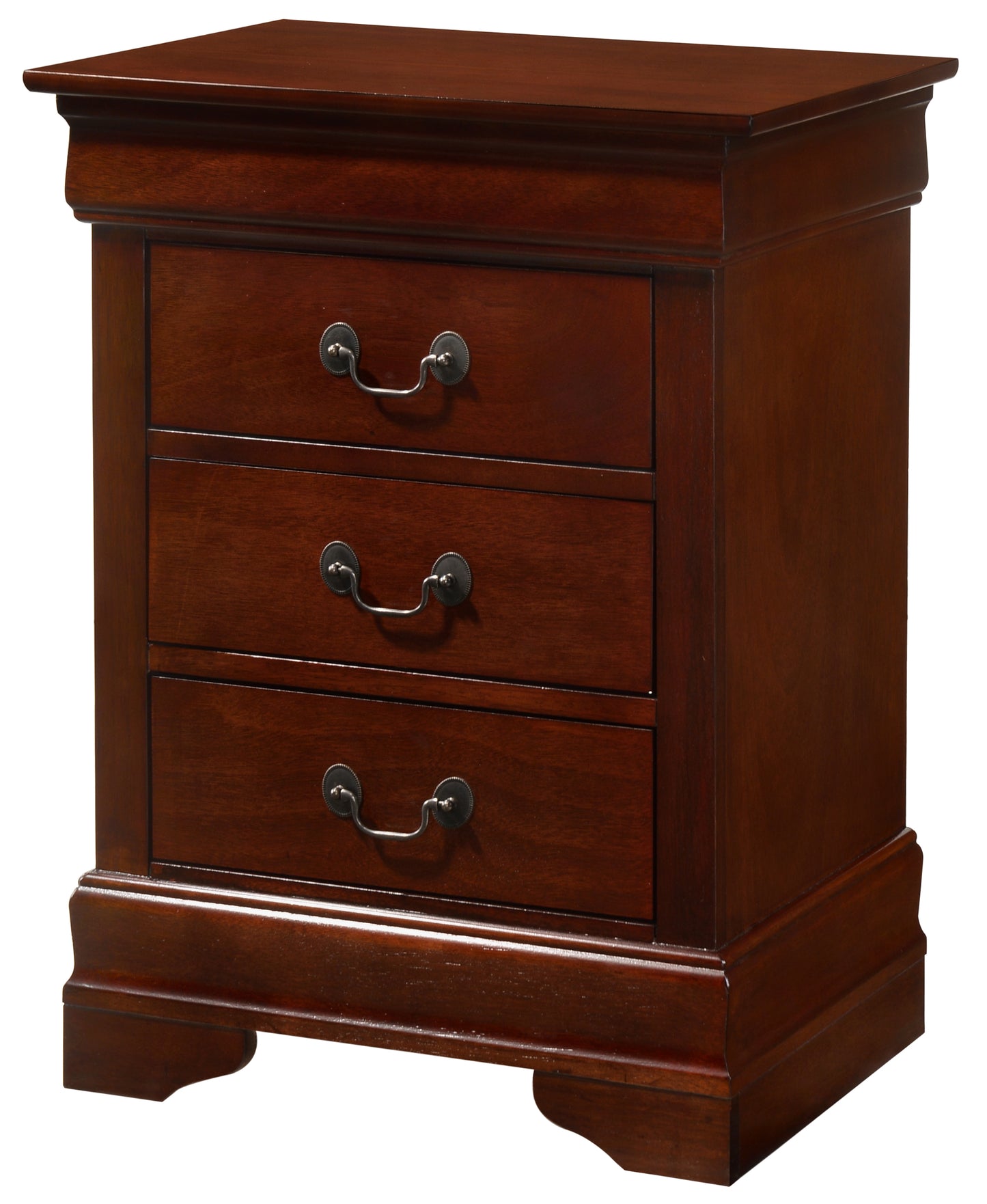 Dark cherry wood nightstand with three drawers and antique brass pulls