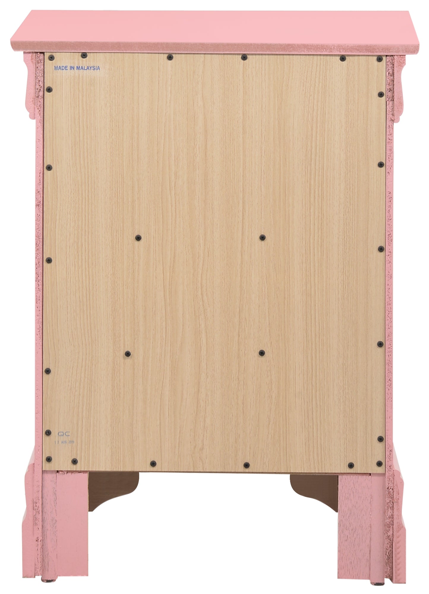Pink distressed wood nightstand back view with Made in Malaysia label