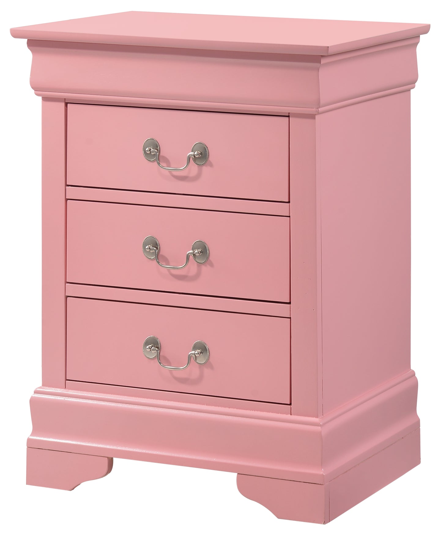 Elegant pink nightstand with three drawers and silver pull handles ideal for bedrooms