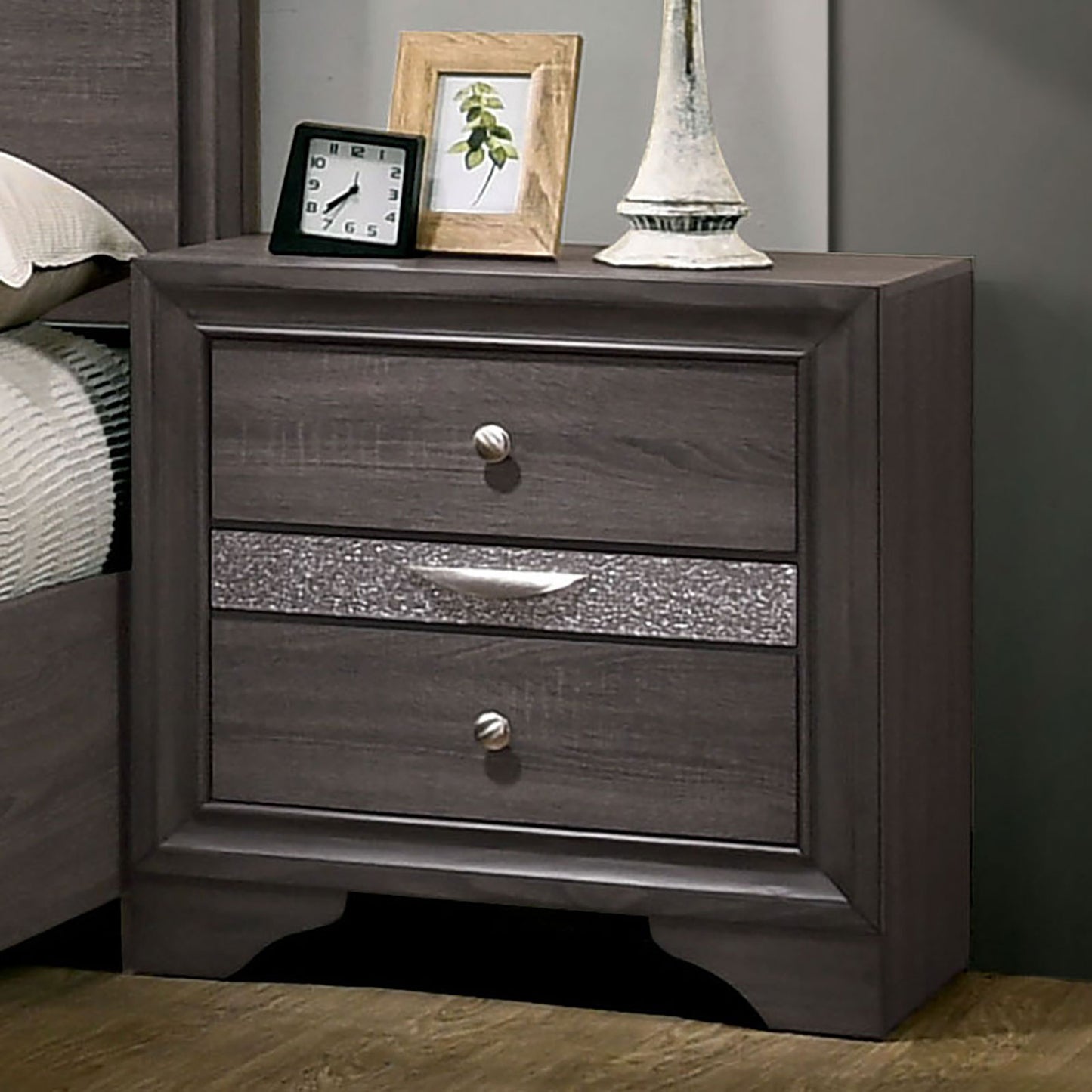 TREATLIFE HOME Contemporary Bedside Table with Hidden Jewelry Drawer, Gray Finish with Silver Accents, Modern Design