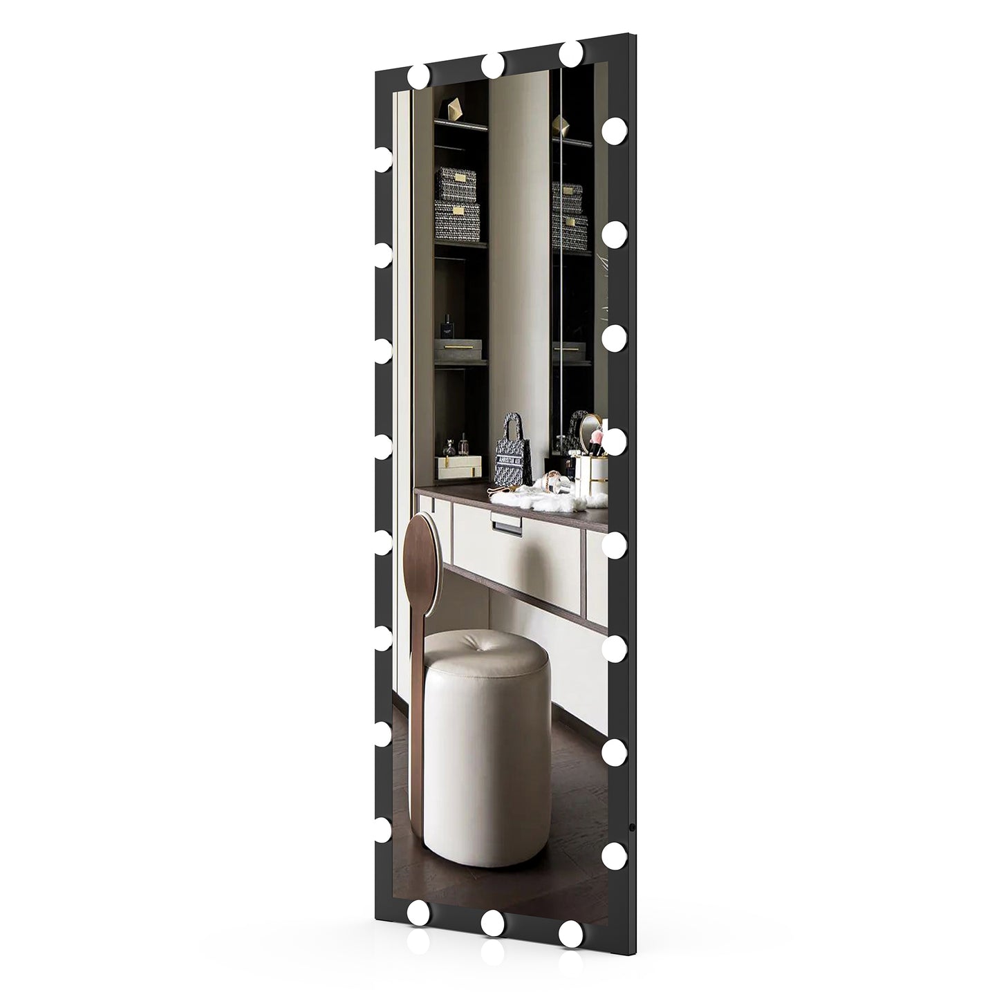 Tall vanity mirror with lights and plush stool