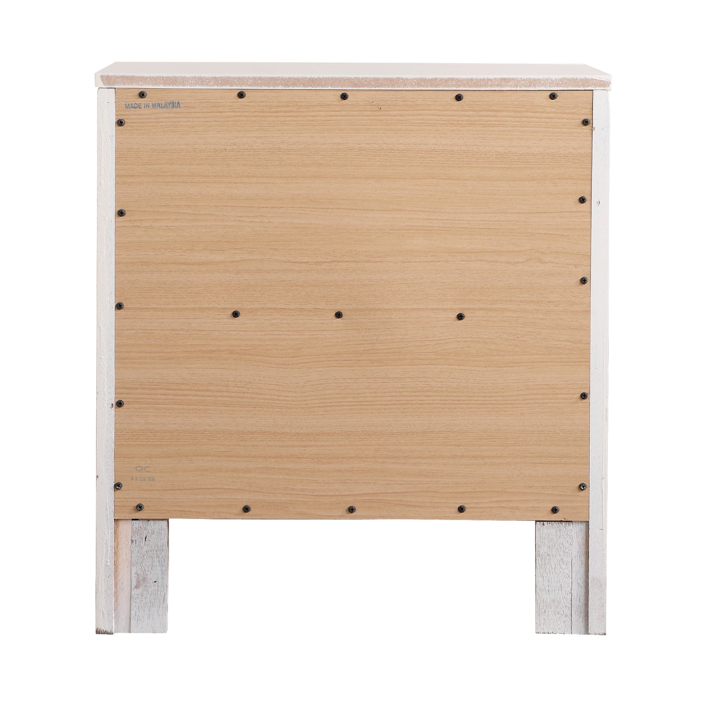 Back view of a white nightstand with a light oak wood panel and visible screws
