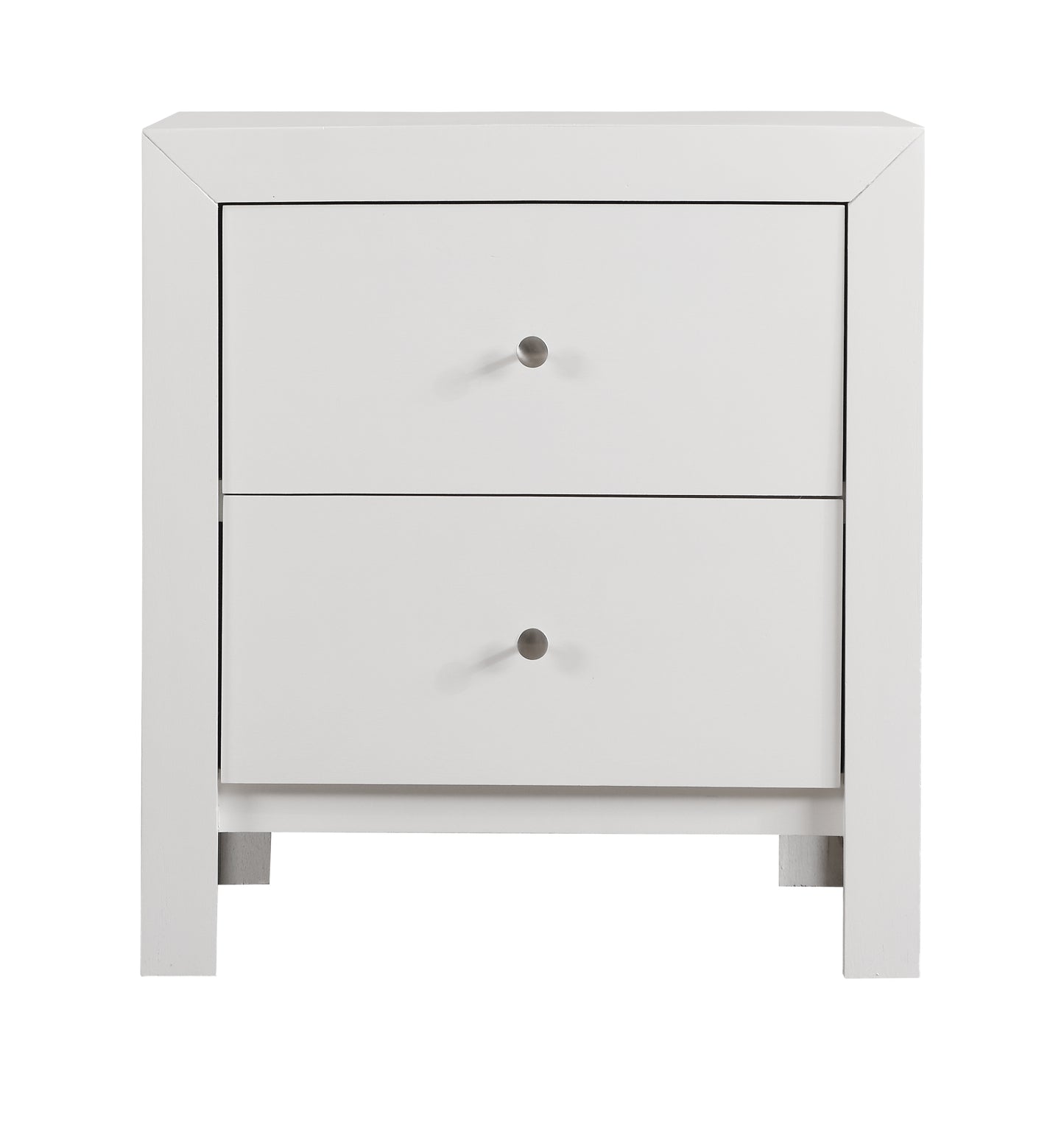 Modern white twodrawer nightstand with brushed nickel knobs ideal for bedroom storage