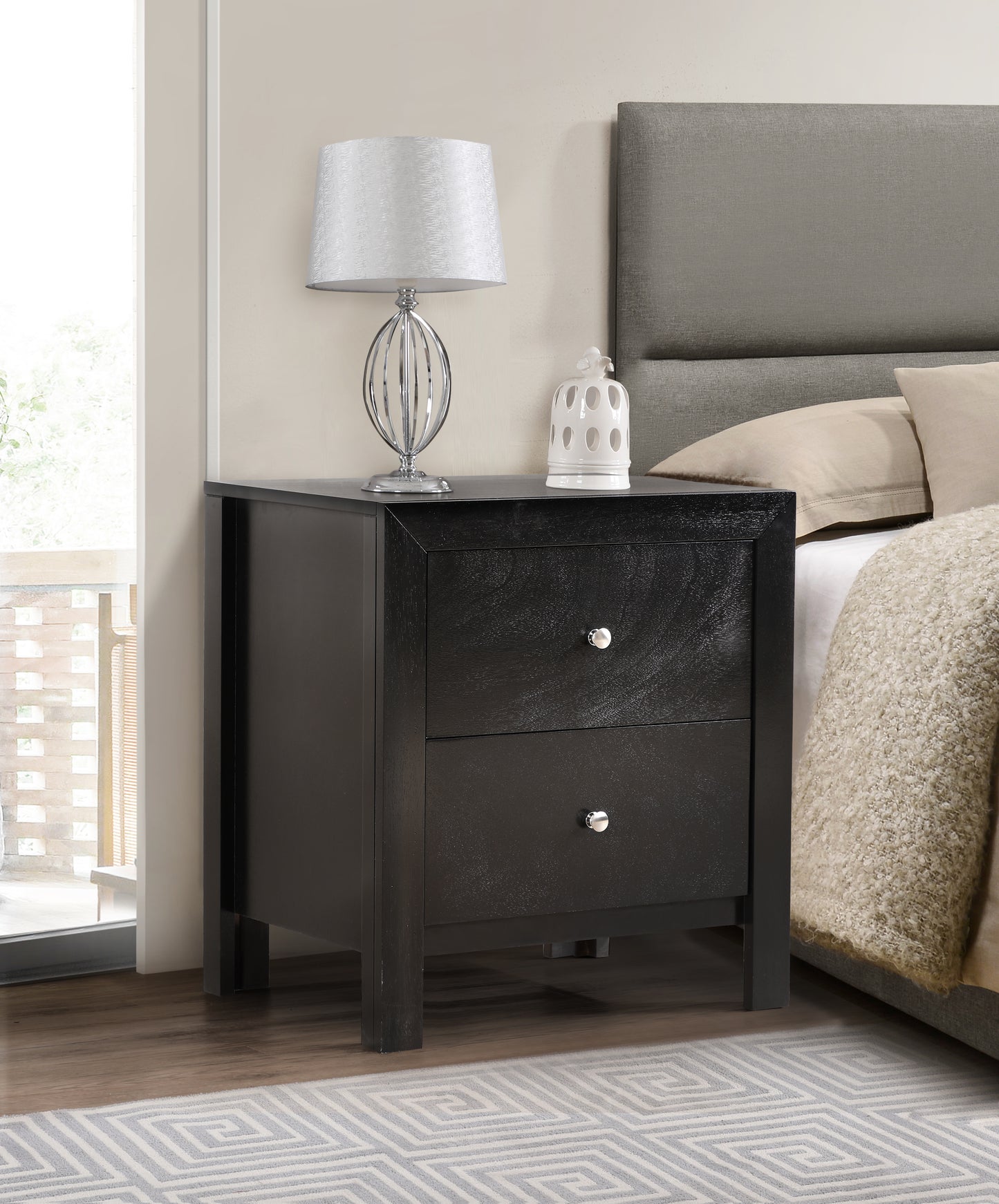 Black wood twodrawer nightstand with brushed nickel hardware