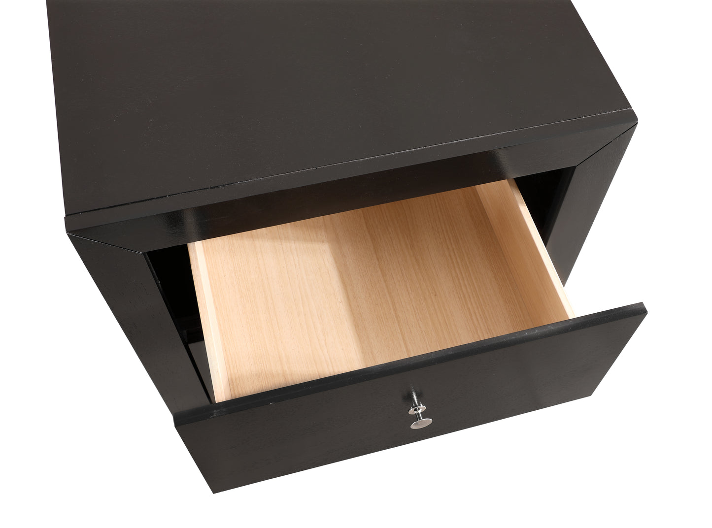 Black wooden nightstand with one open drawer and silver knob