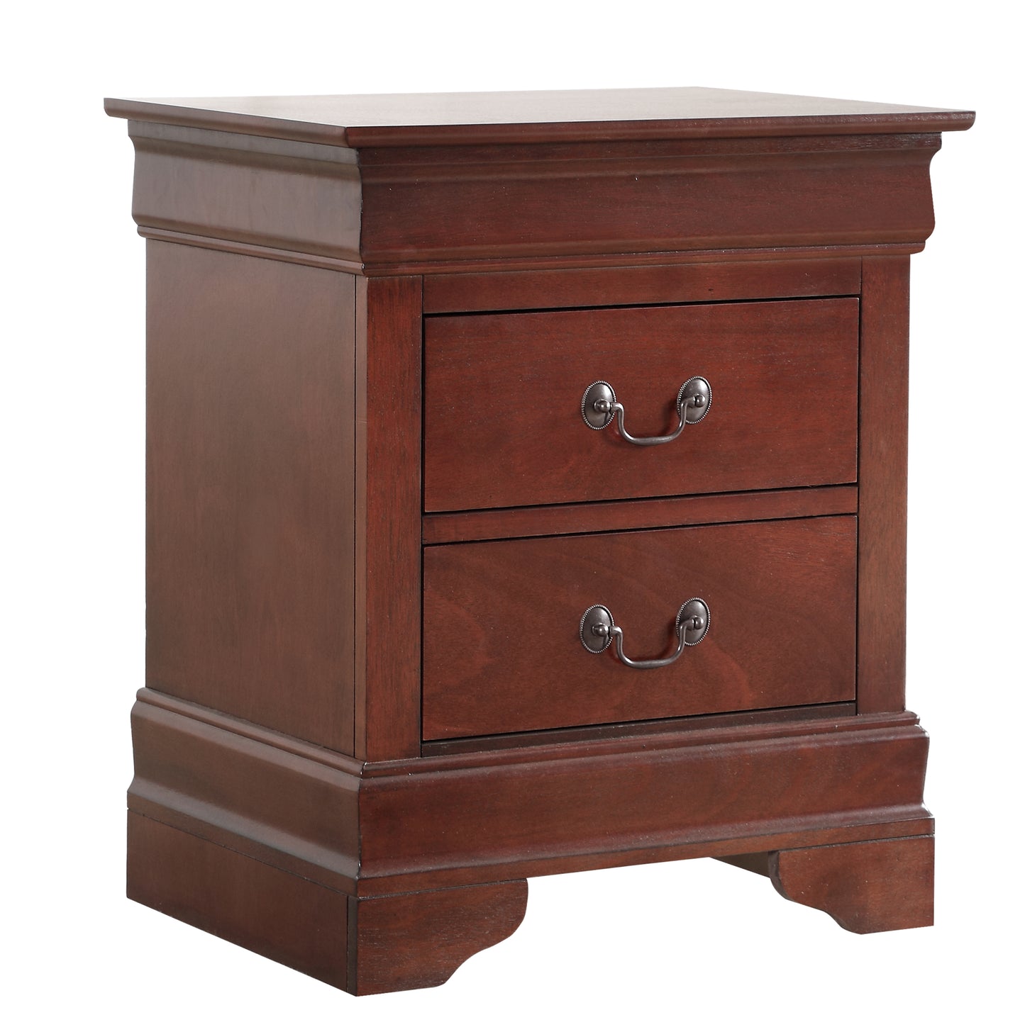 Dark cherry wood nightstand with two drawers and ornate pulls