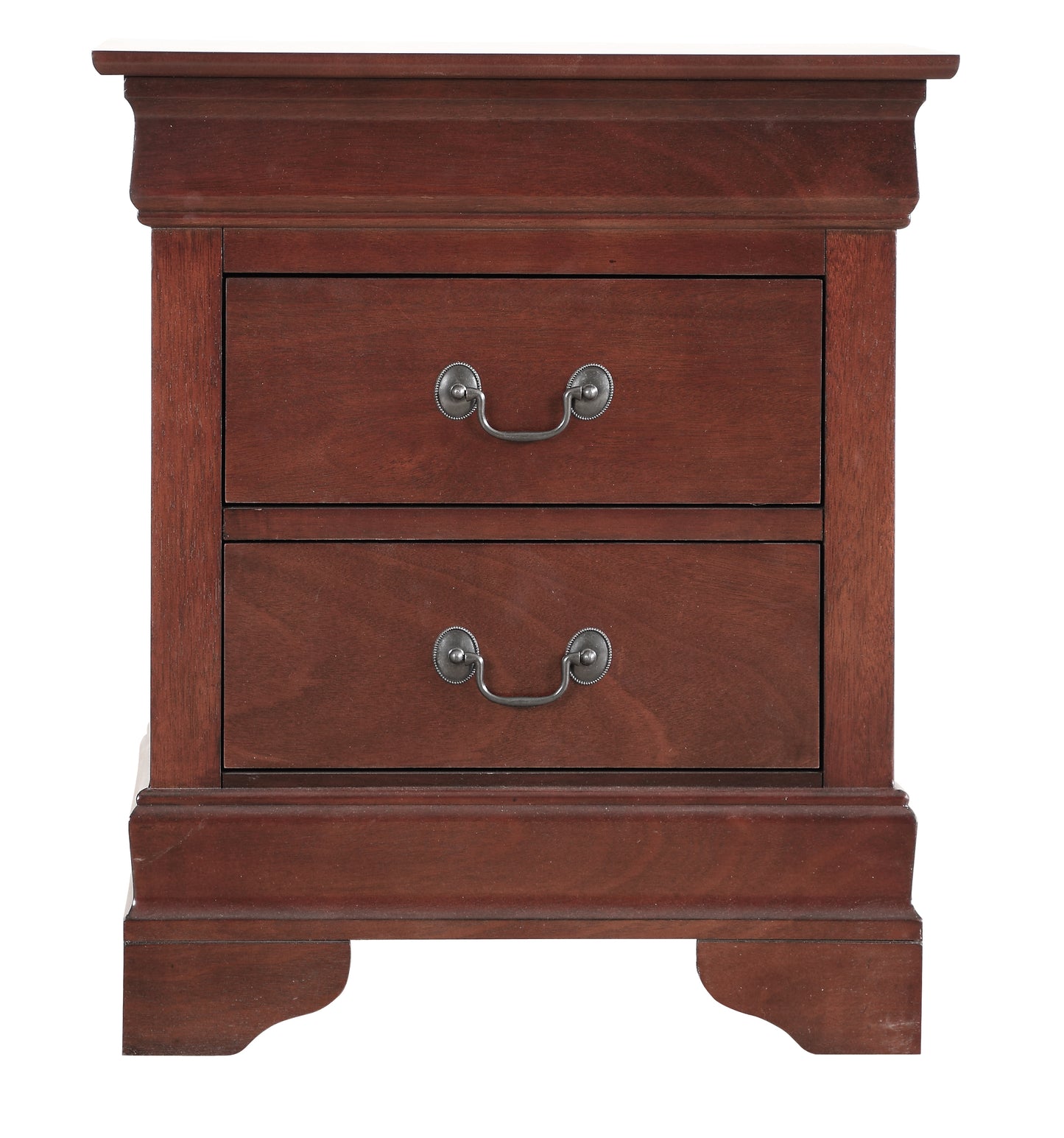Classic dark cherry wood nightstand with two drawers and ornate metal pulls