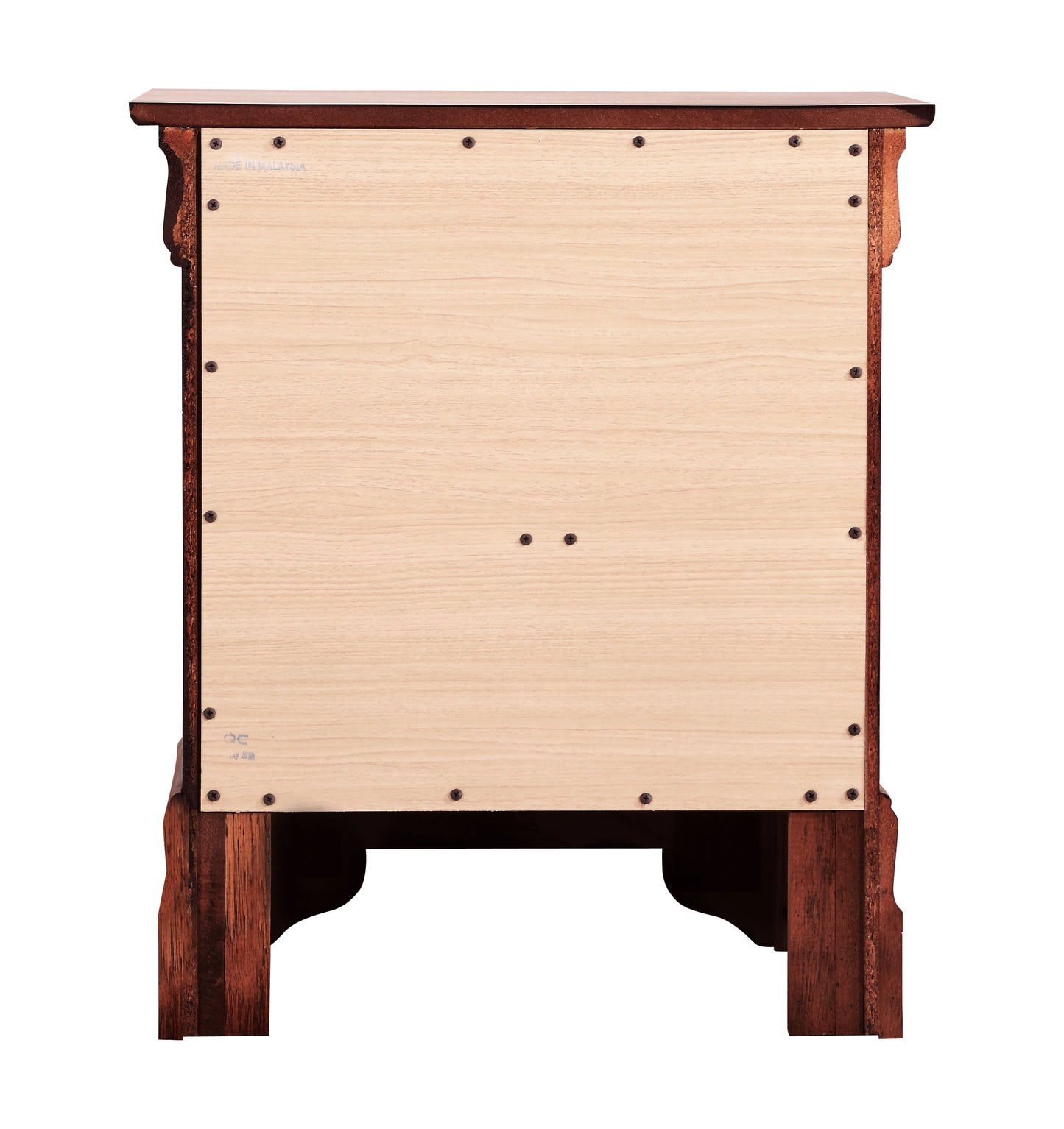 Back panel of a dark wood nightstand with visible screws