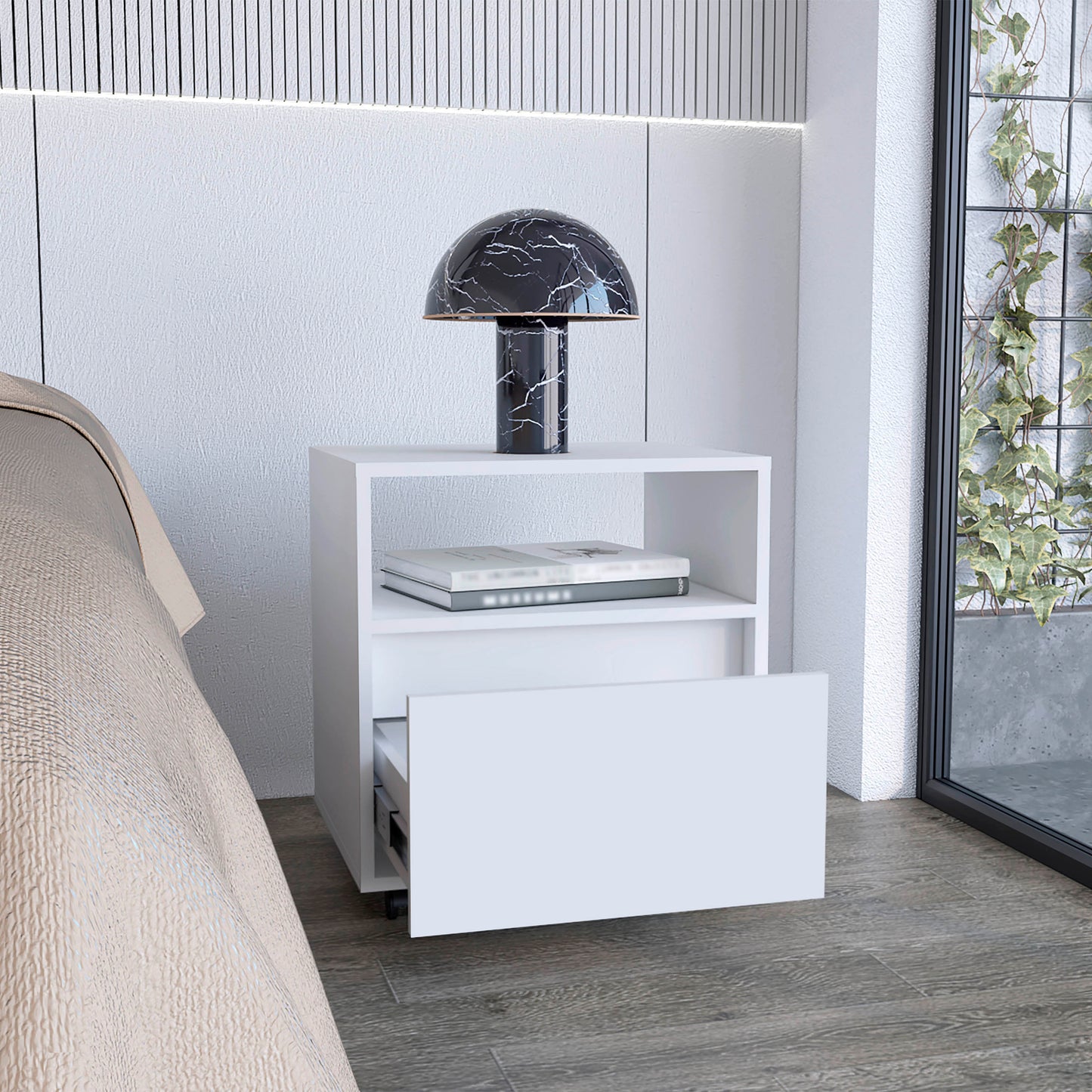 White modern nightstand with open shelf and drawer