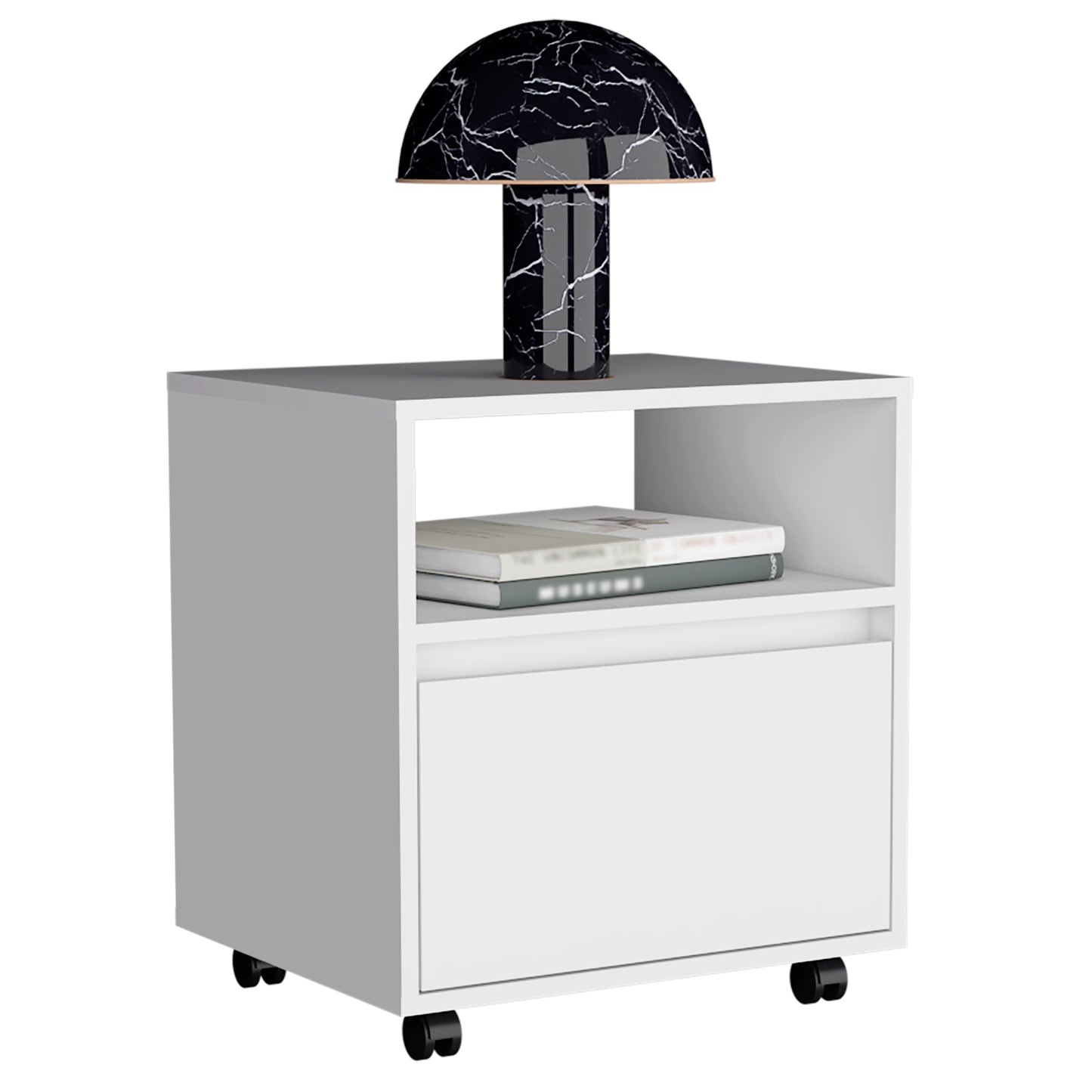 White rolling nightstand with a black marble patterned mushroom lamp and two books