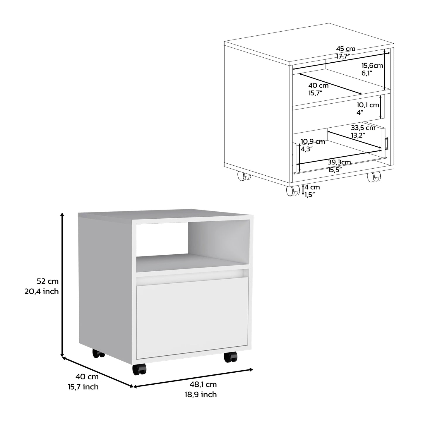 White rolling desk cabinet with one drawer and one open shelf