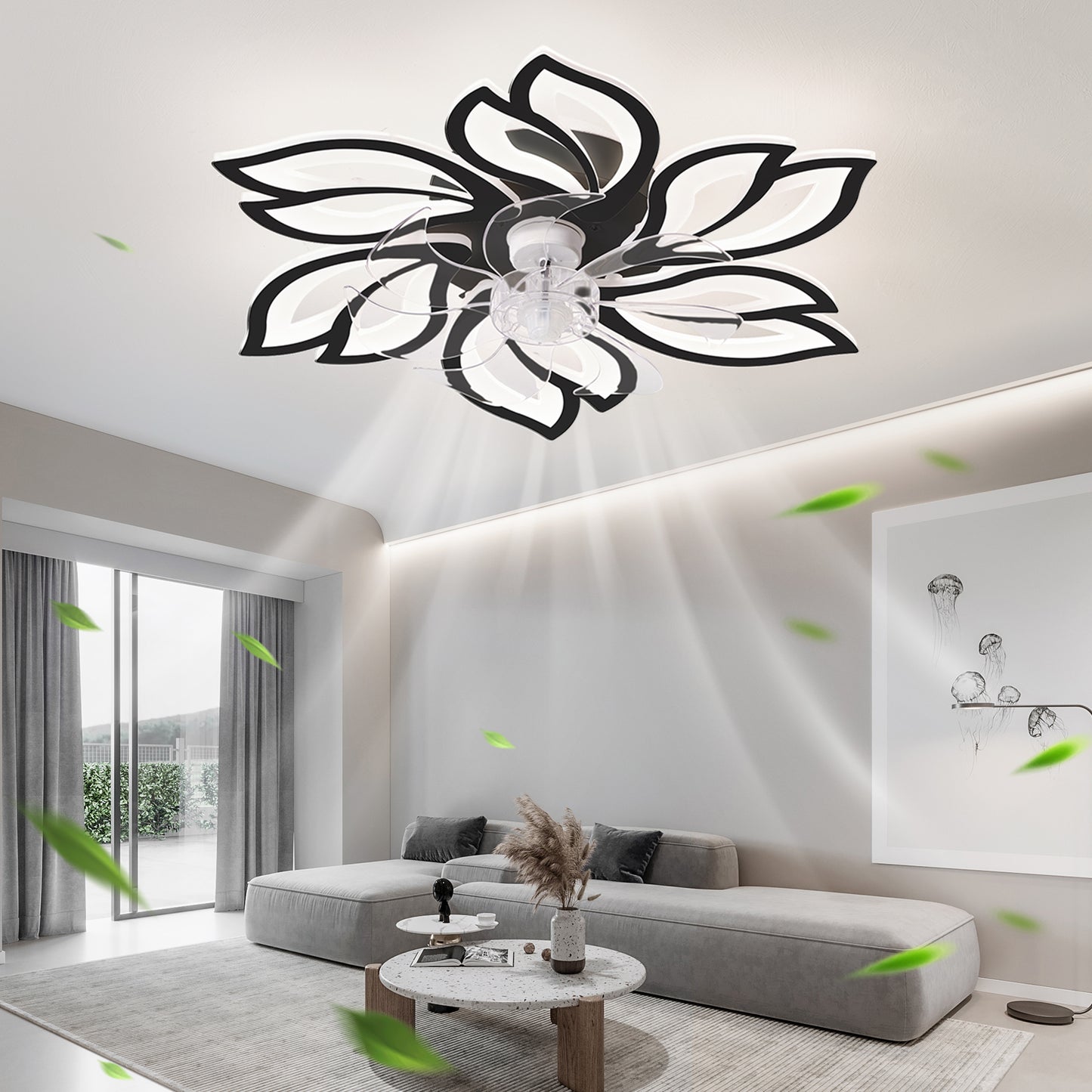 Modern floral ceiling fan with integrated LED lights black and white petals