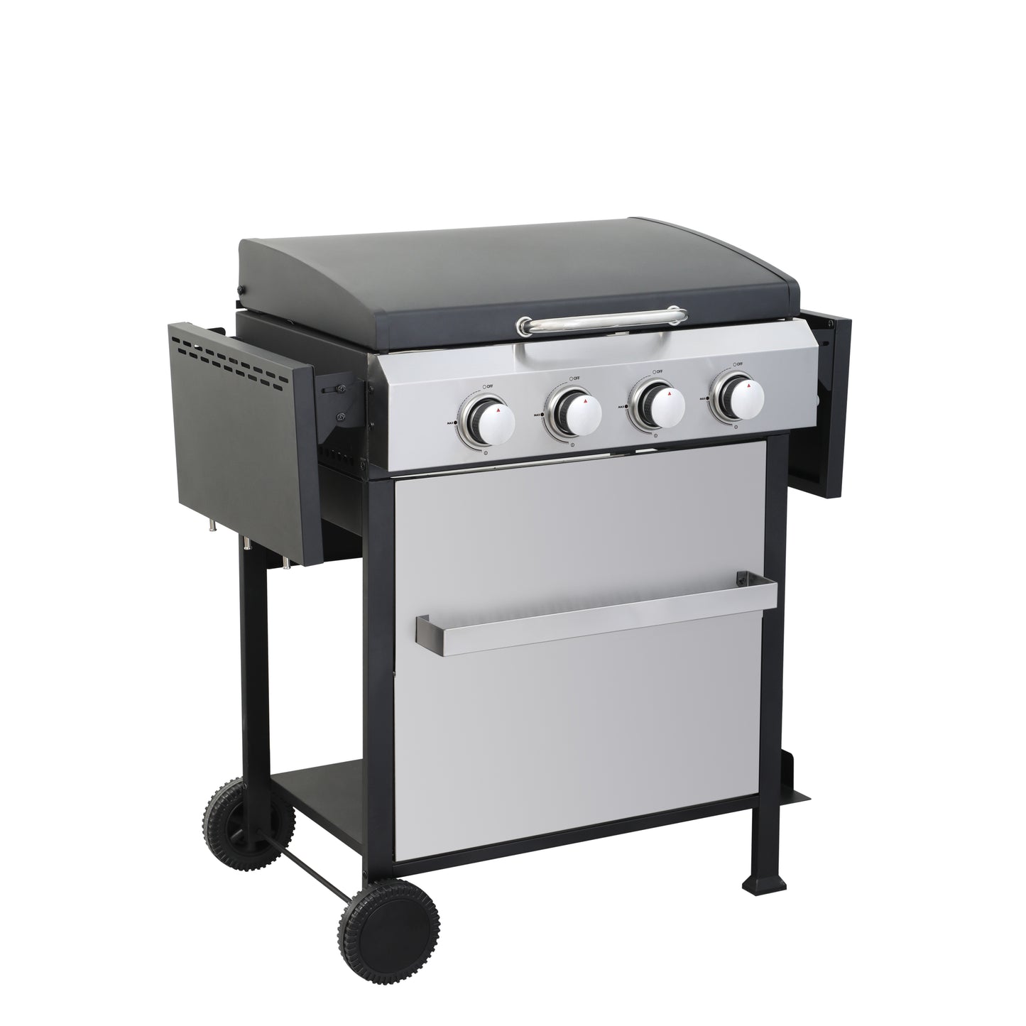 Black and stainless steel threeburner gas grill with side shelf and wheels perfect for backyard entertaining