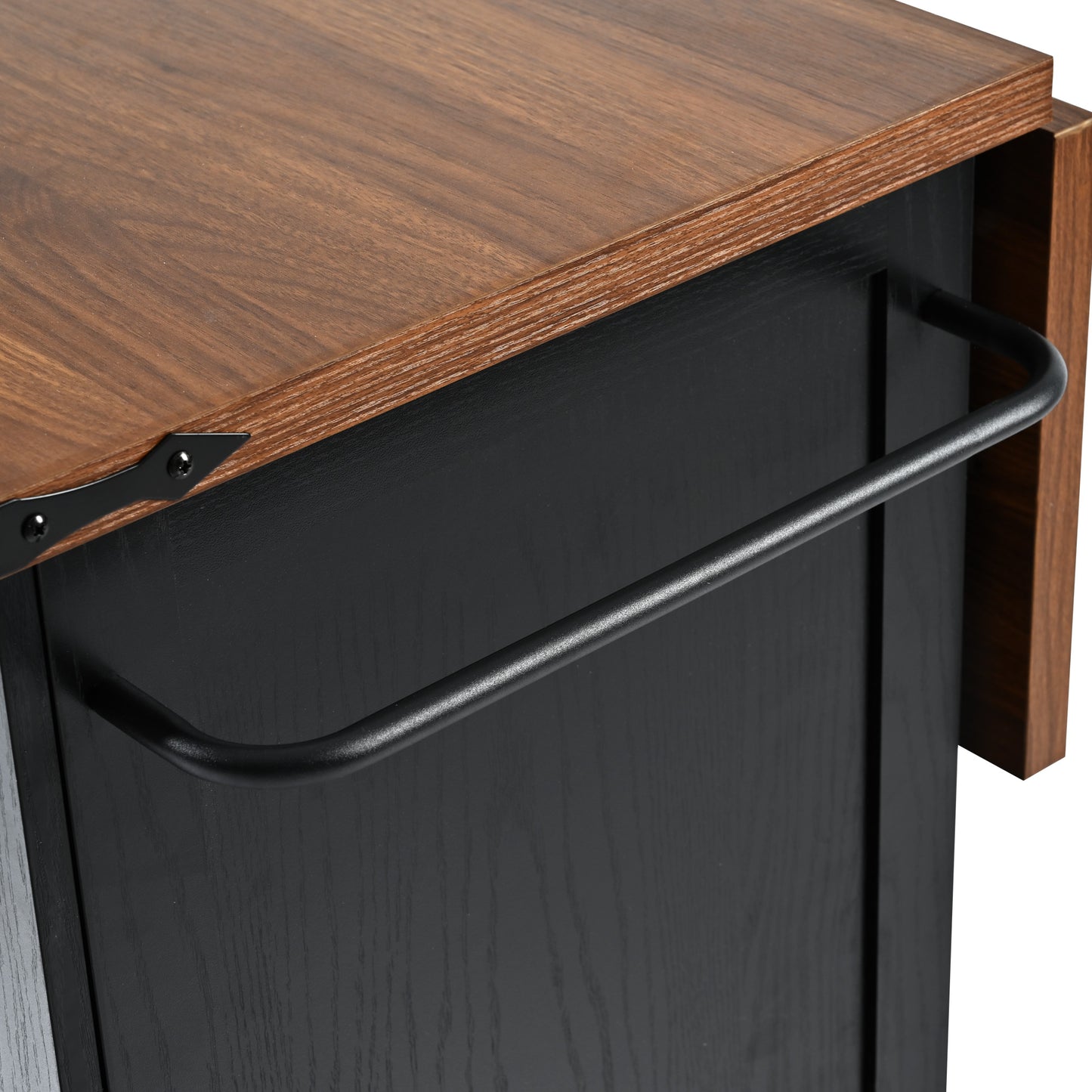 Modern rolling kitchen cart with walnut top and black cabinet